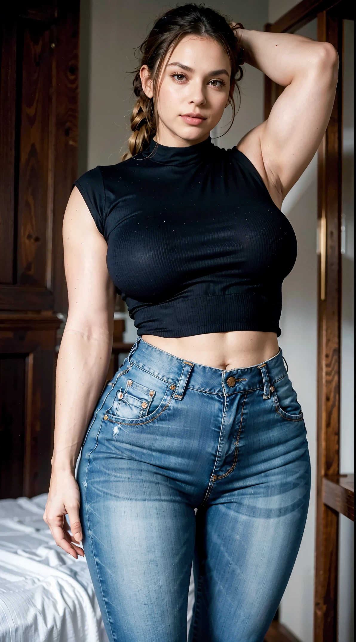 1girl, milf, brunnette - ponytail with locks, brown eyes, ((tight buttoned up shirt - watch - tight denim jean - heeled shoes - professional look)), masterpiece, expressive eyes, perfect face, full body view, huge natural breasts - SFW, wide breedable hips, (thick toned thighs), curvy milfy body, well-defined beautiful smooth armpits & arms - defined sexy biceps & subscapularis, absurdres, high res, ultrasharp, 8K,
