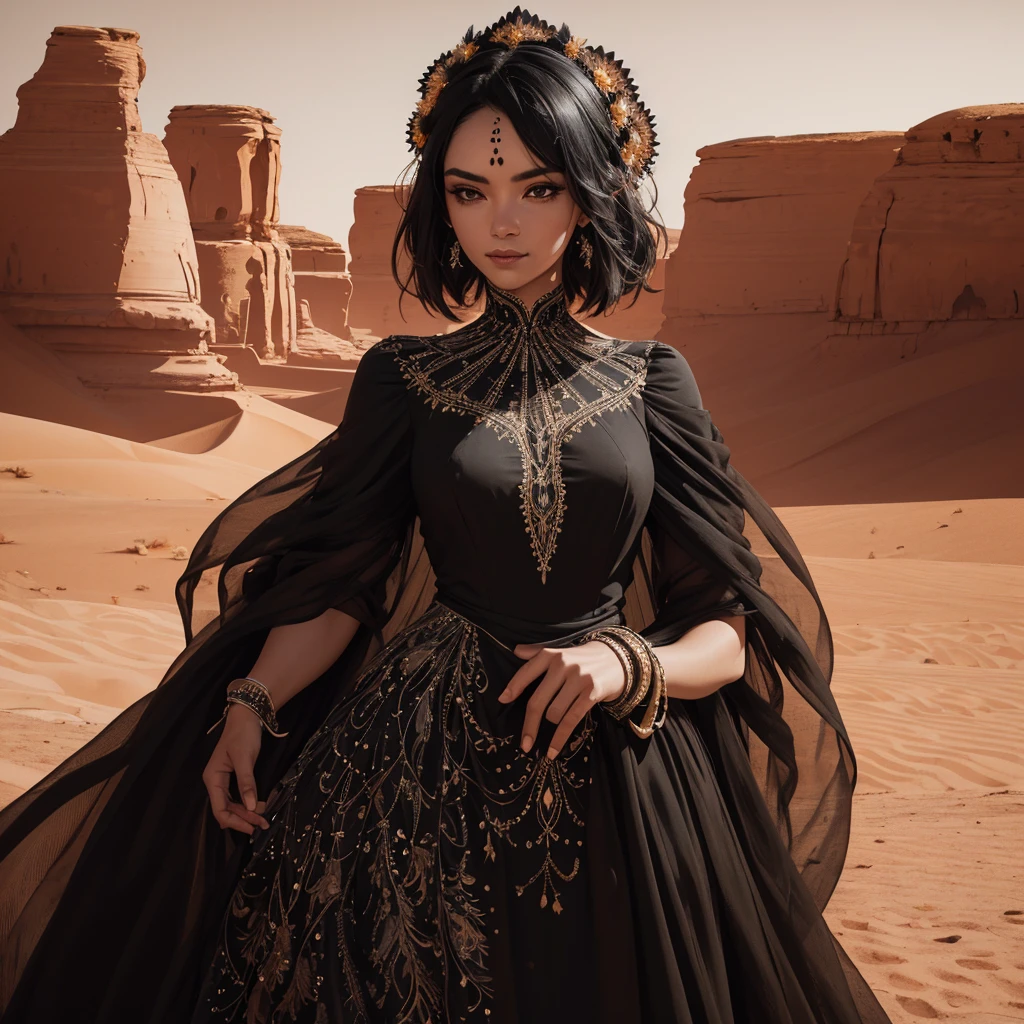 a woman in the desert in a black dress and a burgh on her face, depicted full-length intricate details, HDR, beautifully shot, hyperrealistic, sharp focus, 64 megapixels, perfect composition, high contrast, cinematic, atmospheric, high contrast, colorful polychromatic, ultra detailed, ultra quality, CGSociety