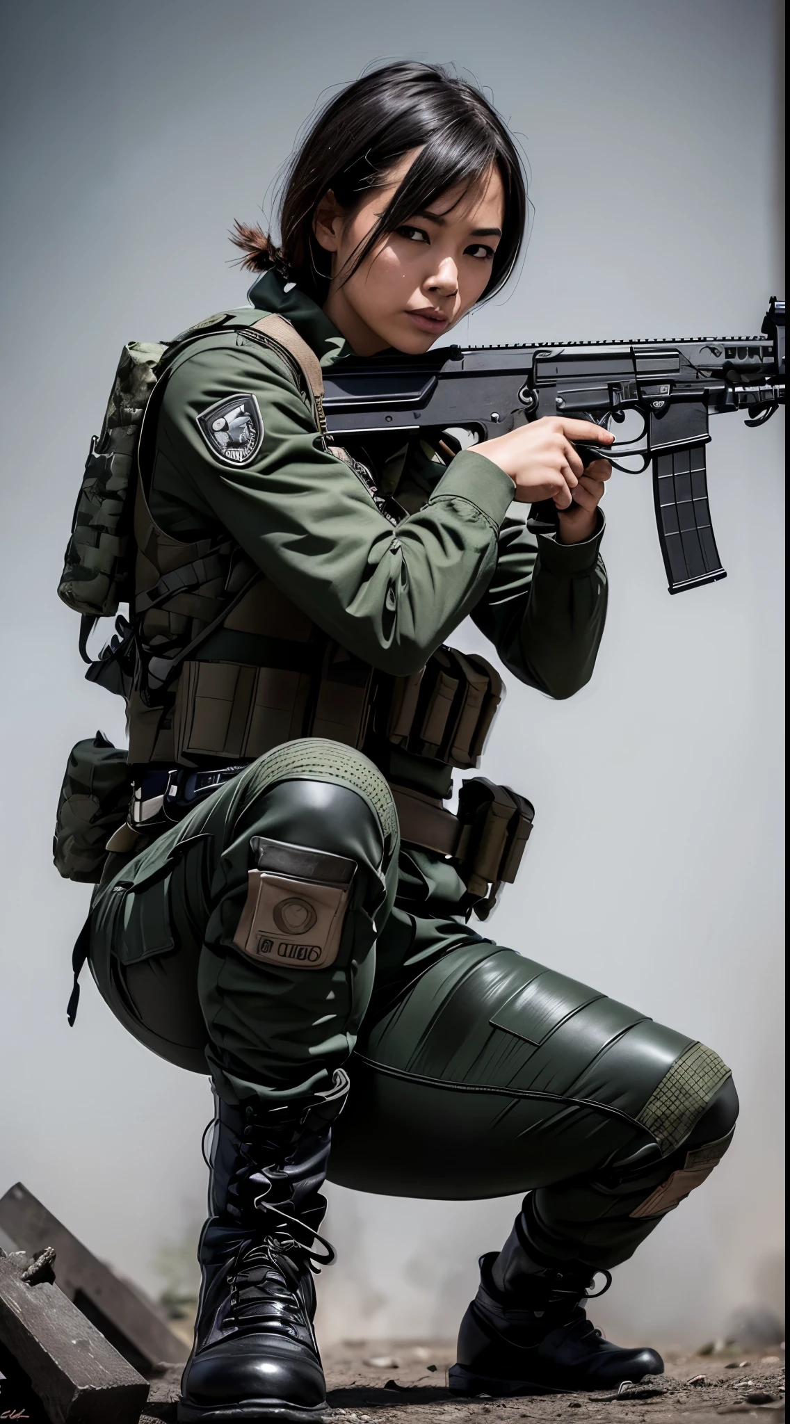 A female SWAT member holds an automatic rifle.,((独奏)),((Squatting:1.3)),((aim at something with an automatic rifle:1.3)),(Close one eye and look at the sight:1.4),(SWAT tech wear:1.3),(Wearing a bulletproof vest:1.3),(Wearing combat boots:1.3),(Equipped with a holster:1.3),(Shoot head-on:1.4),(((AK-47:1.4))),(detailed drawing of a hand:1.3),(Detailed drawing of the feet:1.3),(((The background is ruins:1.4))),(Detailed drawing of faces:1.3),((masterpiece,Highest Quality,in 8K,ultra-detailliert,hight resolution,Photorealistic,clearly))