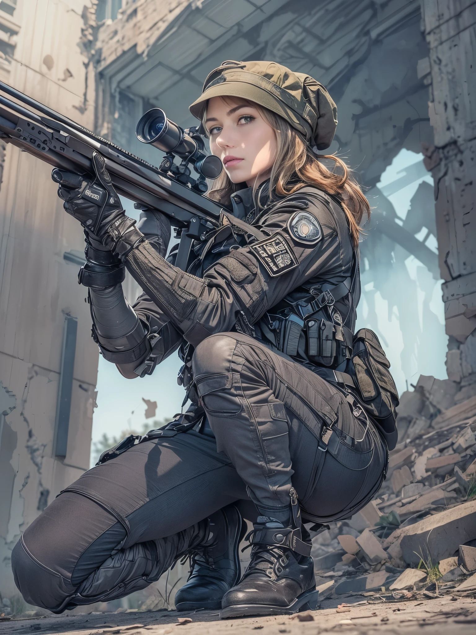 (1girl:1.4),A female police officer holds a sniper rifle,((Squatting:1.4)),((aim at something with a sniper rifle:1.4)),(Close one eye and look at the sight:1.4),(police tech suit:1.3),(Wearing a bulletproof vest:1.3),(Wearing combat boots:1.3),(Equipped with a holster:1.3),(full bodyesbian:1.4),(Shoot head-on:1.4),(Detailed drawing of a sniper rifle:1.4),(detailed drawing of a hand:1.4),(((The background is ruins:1.4))),((blured background:1.4))),(Detailed drawing of faces),((masterpiece,Highest Quality,in 8K,ultra-detailliert,hight resolution,Photorealistic,clearly))