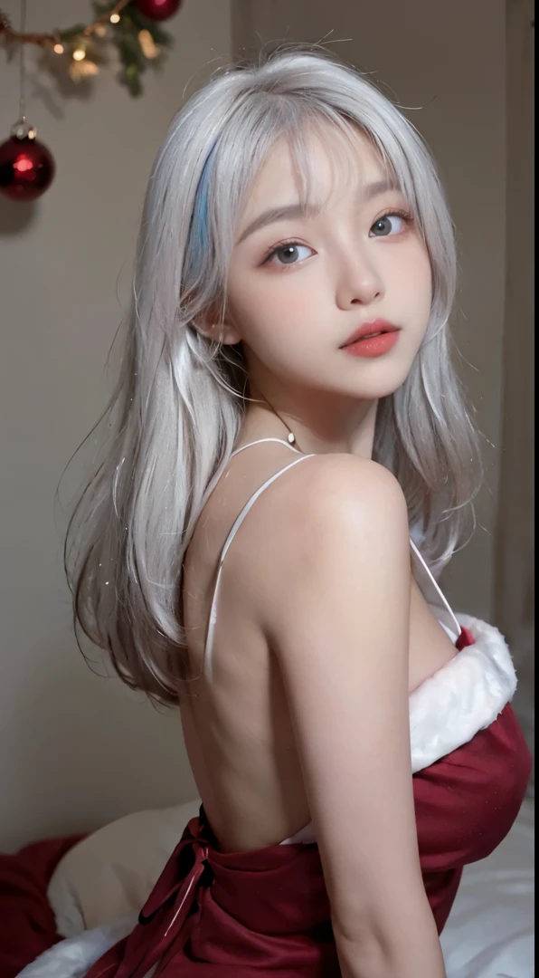 Top image quality、Raw photography、超A high resolution、21-year-old Korean、small tits、Dynamic angles、Cowboy Shots、The most beautiful forms chaos、elegent、Brutalist design、beautiful white hair、a short bob、smil、shiny white skin、Beautiful eyes with random colors、Very beautiful eyes down to the details、elongated eyes、thin lipss、pale pink blush、long eyeslashes、beautiful double eyelid、eyeshadows、Christmas、santa 、shot from a side angle、Point your finger up、sexy pose