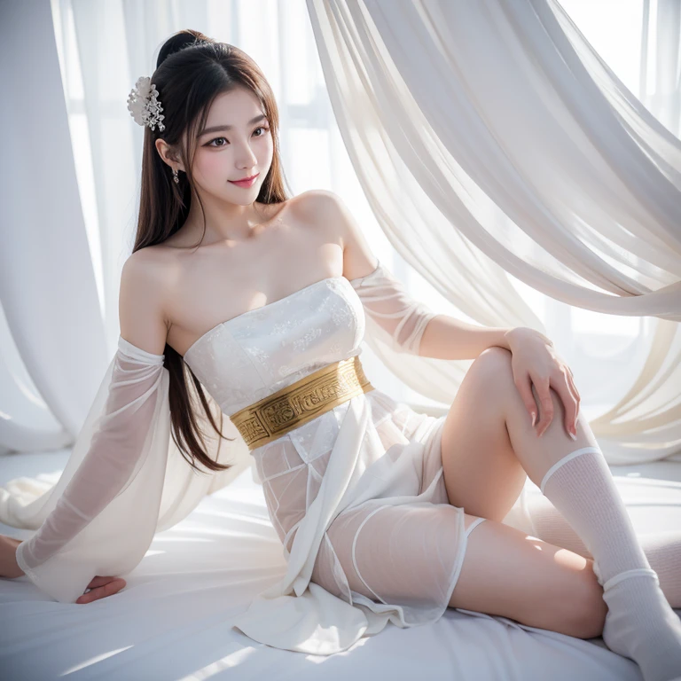 beuaty girl, 水汪汪的The large眼睛, Smiling in white stockings,Great figure,The large,Thin waist,White skin,can see and,,Delicate hair, ancient chinese beauti, wearing ancient Chinese costume, Flowing tulle, light silk,(clean backdrop), clean color, Decisive cut, Blank, unarmed, tmasterpiece, 超詳細, Epic work, high qulity, highest quality, 4K