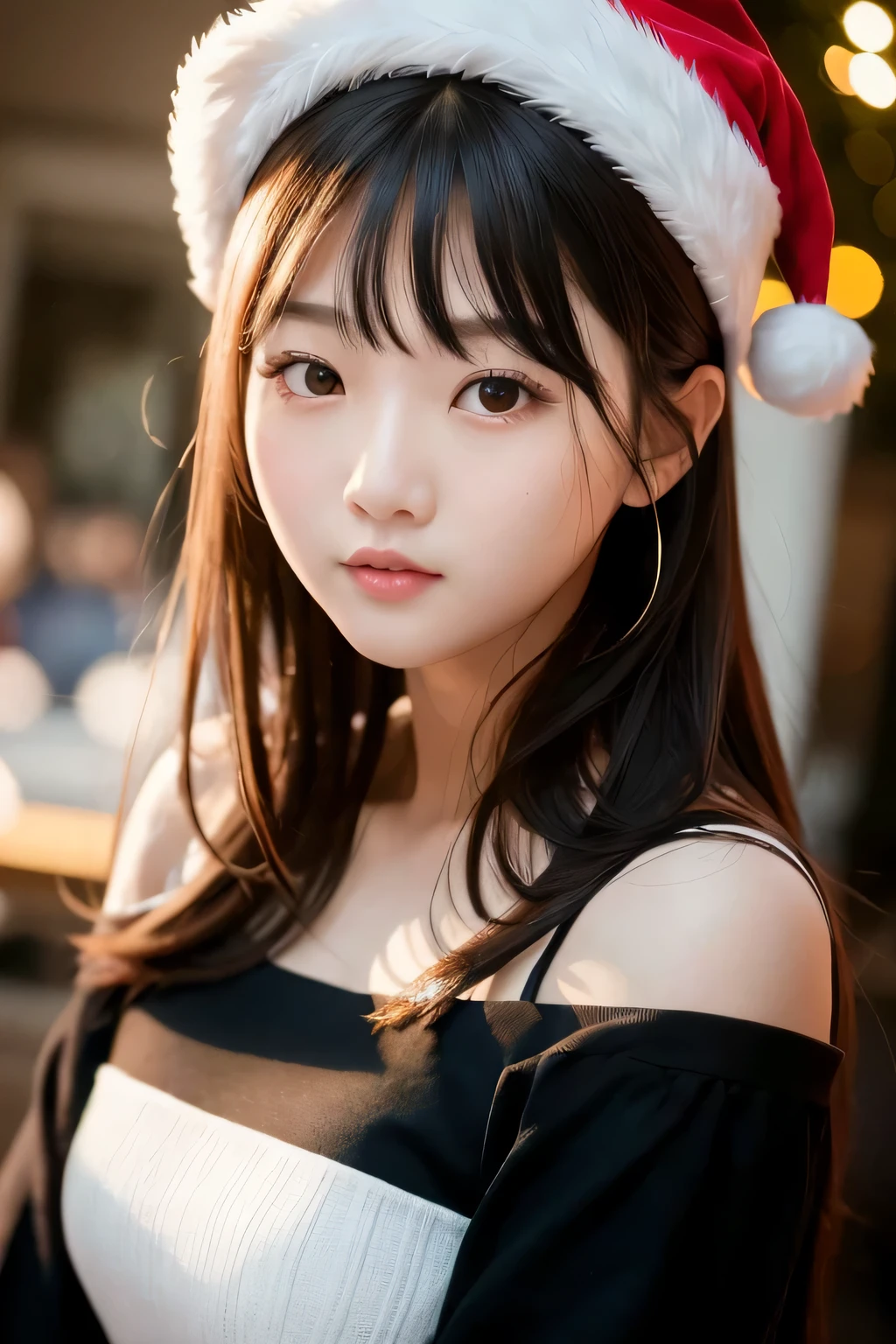 Close-up of a woman wearing a Santa hat and black top, Young adorable Korean face, young cute wan asian face, wan adorable korean face, Beautiful young Korean woman, the face of a beautiful Japanese girl, girl cute-fine-face, beautiful Korean women, Gorgeous young Korean woman, Korean Girl, cute - fine - face, young and cute girl