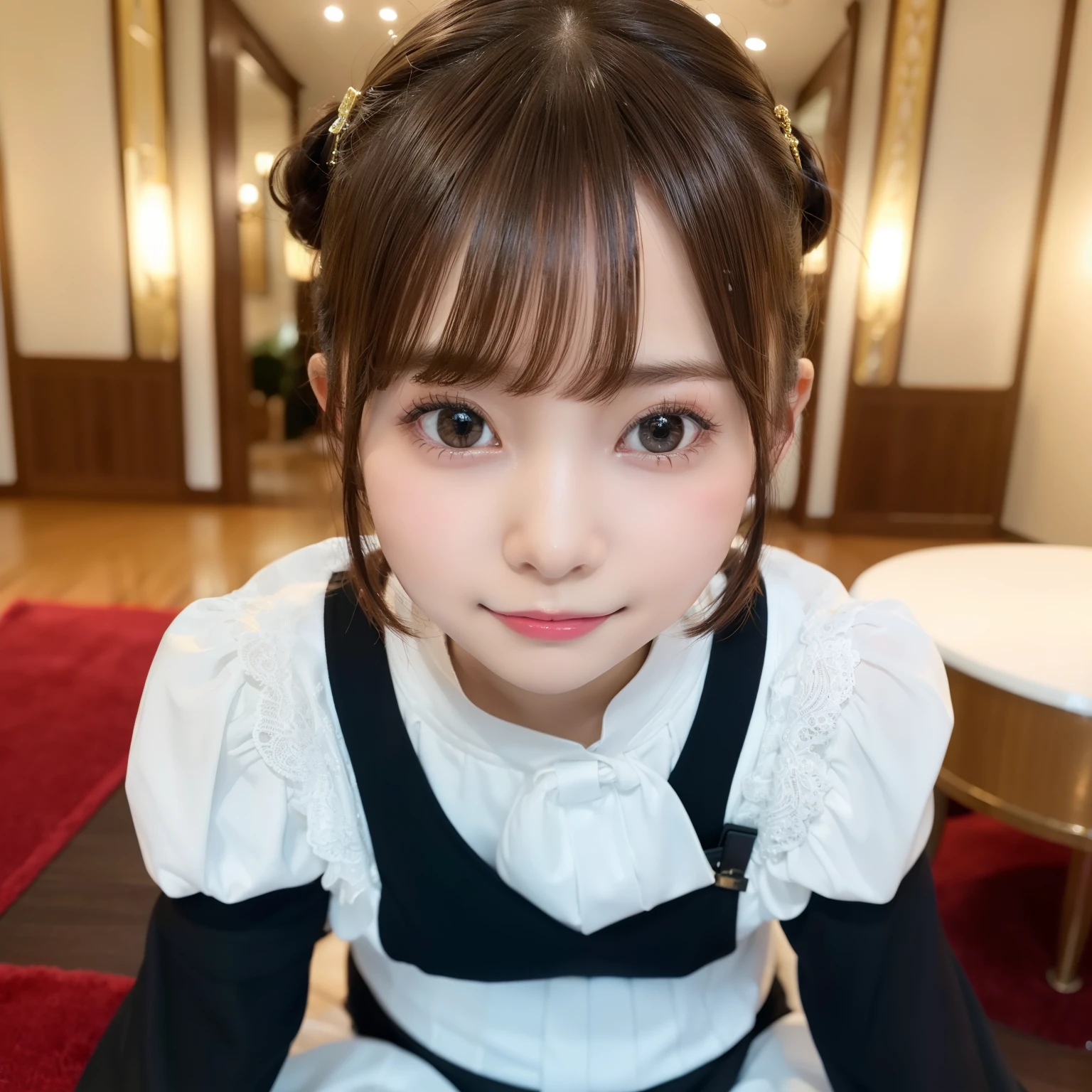 (masutepiece: 1.3), (max resolution: 1.2), (Ultra HDTV: 1.2), cinematric light, 8K resolution, Detailed eyes and skin, detailed facial features, ,(Brown hair、Shorthair, Twin tail),(Wedding Dresses:1.2),(long skirt:1.2), (超A high resolution): 1.0) , suspender stockings,Highly detailed face and eyes, (Photorealistic: 1.2),ultra wide-angle, depth of fields, ultra-detailliert, beautifully color-coded, insanely detaileda, Intricate details, Beautifully color graded、wedding hall、beautiful ilumination、White and gold decoration、place of celebration、Happy atmosphere、nogizaka、Beautiful black eyes:1.3、-yeld sc keep my hair up and short、a baby face、Blurreund、Large venue
