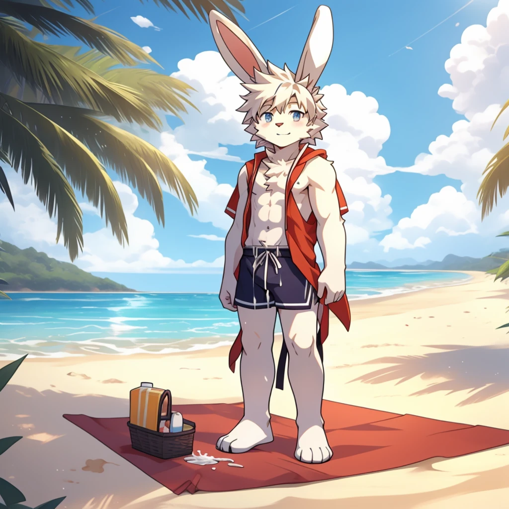 white skin,(rabbit ears),ager,shota,rabbit,rabbit furry,male,rabbit,white fur,white skin,full body,naked,cum,beach clothes