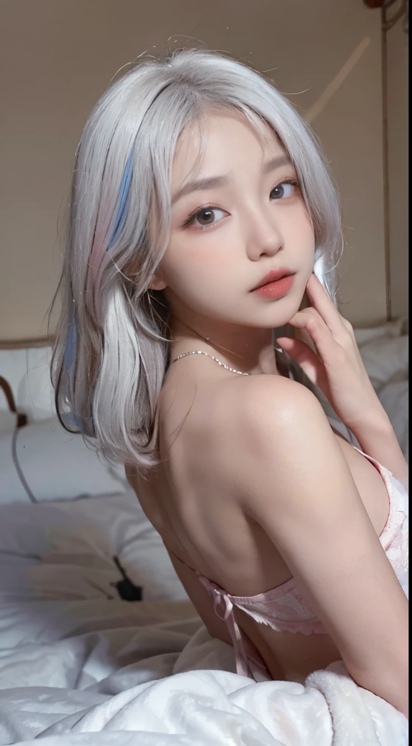 Top image quality、Raw photography、超A high resolution、21-year-old Korean、small tits、Dynamic angles、Cowboy Shots、The most beautiful forms chaos、elegent、Brutalist design、beautiful white hair、a short bob、smil、shiny white skin、Beautiful eyes with random colors、Very beautiful eyes down to the details、elongated eyes、thin lipss、pale pink blush、long eyeslashes、beautiful double eyelid、eyeshadows、Christmas、santa 、shot from a side angle、Point your finger up、sexy pose
