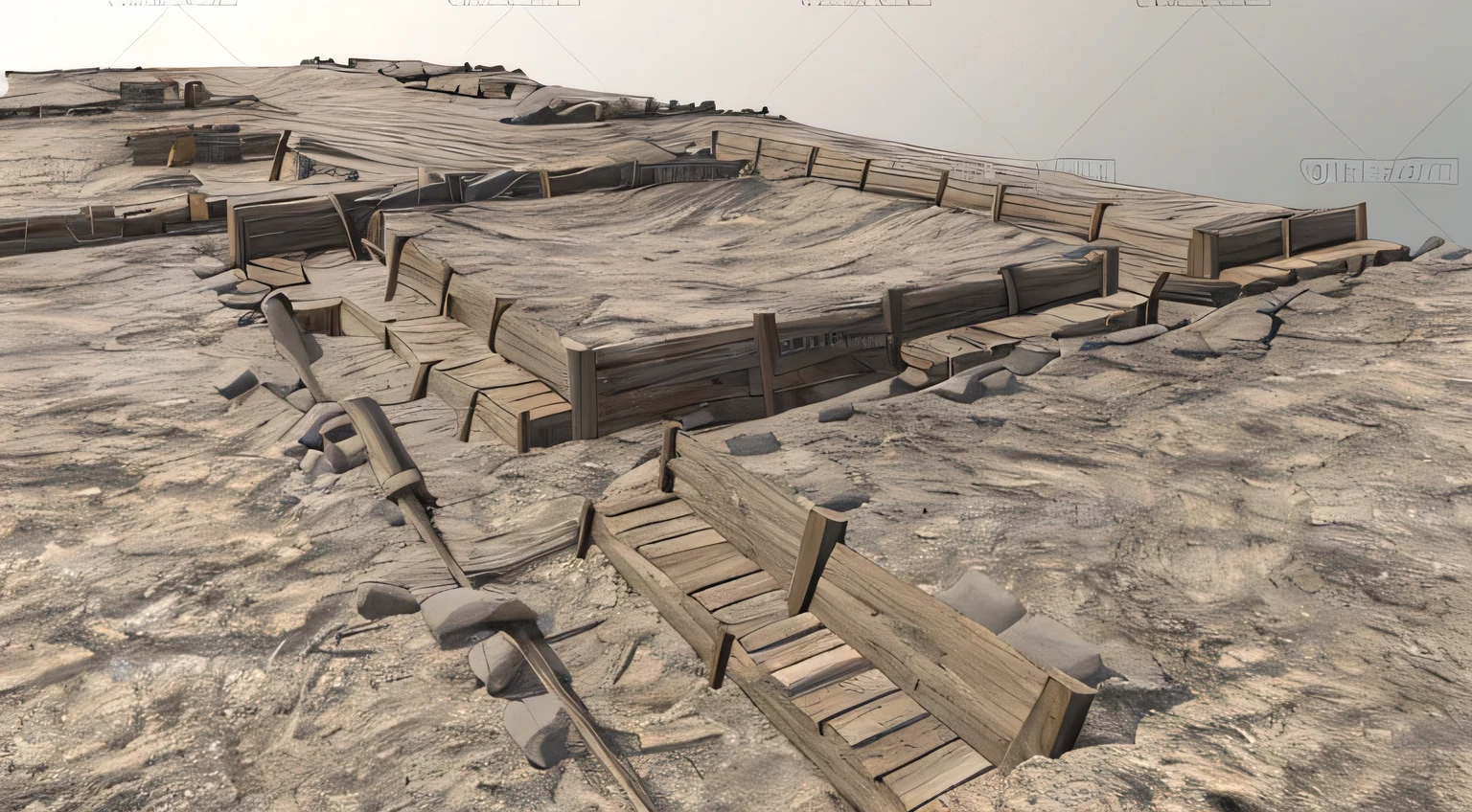 岩石表面上woodwork的特写, 一战Big Cleavage, Big Cleavage, Big Cleavage bombs, Wall wood fortress, old cgi 3d render bryce 3d, 3 d models, 3 d models, Trench sandbags in the background, ground very detailed, highly detailed texture render, 3 d model, 3 d model, woodwork, wooden bank, Wooden platform