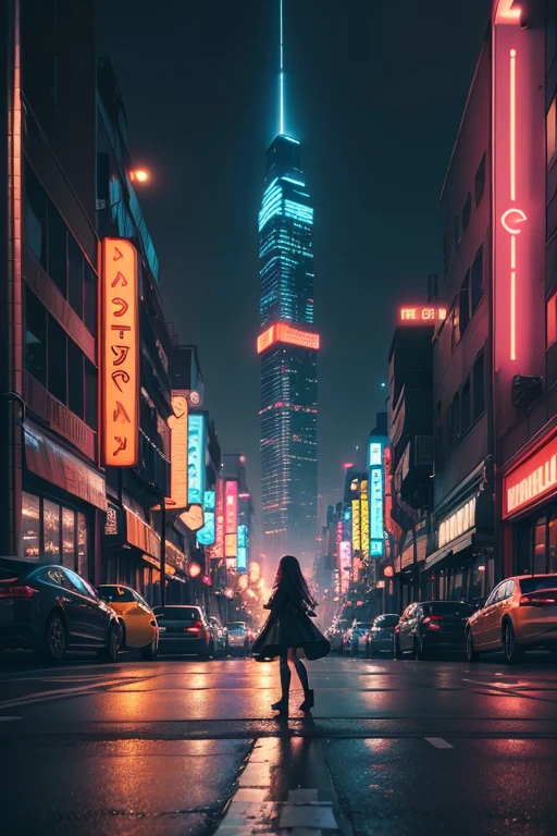 (best quality,photorealistic:1.37),vibrant colors,street,night,time lapse,urban environment,lightning,sunset,traffic,bustling crowd,long-haired girl walking alone,neon lights,cityscape,city life,reflective surfaces,glowing signs,nightlife,energetic ambiance,atmospheric,residential buildings,lit up windows,car headlights,pedestrians,nighttime activity,cosmopolitan,metropolis,life in motion,lasers,festive atmosphere,motion blur,cinematic,electric energy,exciting,modern aesthetic,contemporary vibes,illumination,night vision,urban lifestyle,loneliness,calmness amidst chaos,serenity in the city