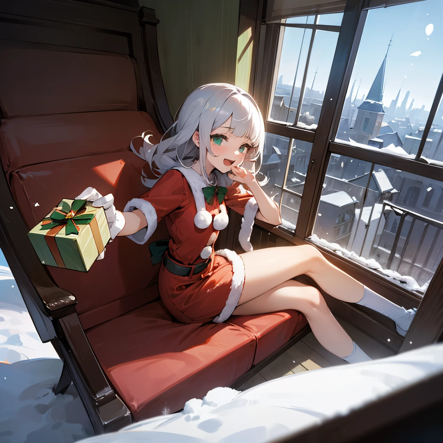 ((Masterpiece)), (1girl), (short stature), (sitting on the big chair), (Dynamic Pose), ((cute teenage young girl)), (very blunt bangs), (slightly loose curls hair), (breasts length hair), high details of pale silver hair, (very laughing face), brilliant green eyes, ((drooping eyes)), (very cute), small breasts, slender waist,indoor, (snowy), (Wearing a spooky Santa costume), Offering a gift of some kind, Disturbing gift, dynamic angle, (Ejecting a gift box), a little rough way of handing it over, After, considerable snow falls on the girl, ((ChristmasTheme)), cityscape