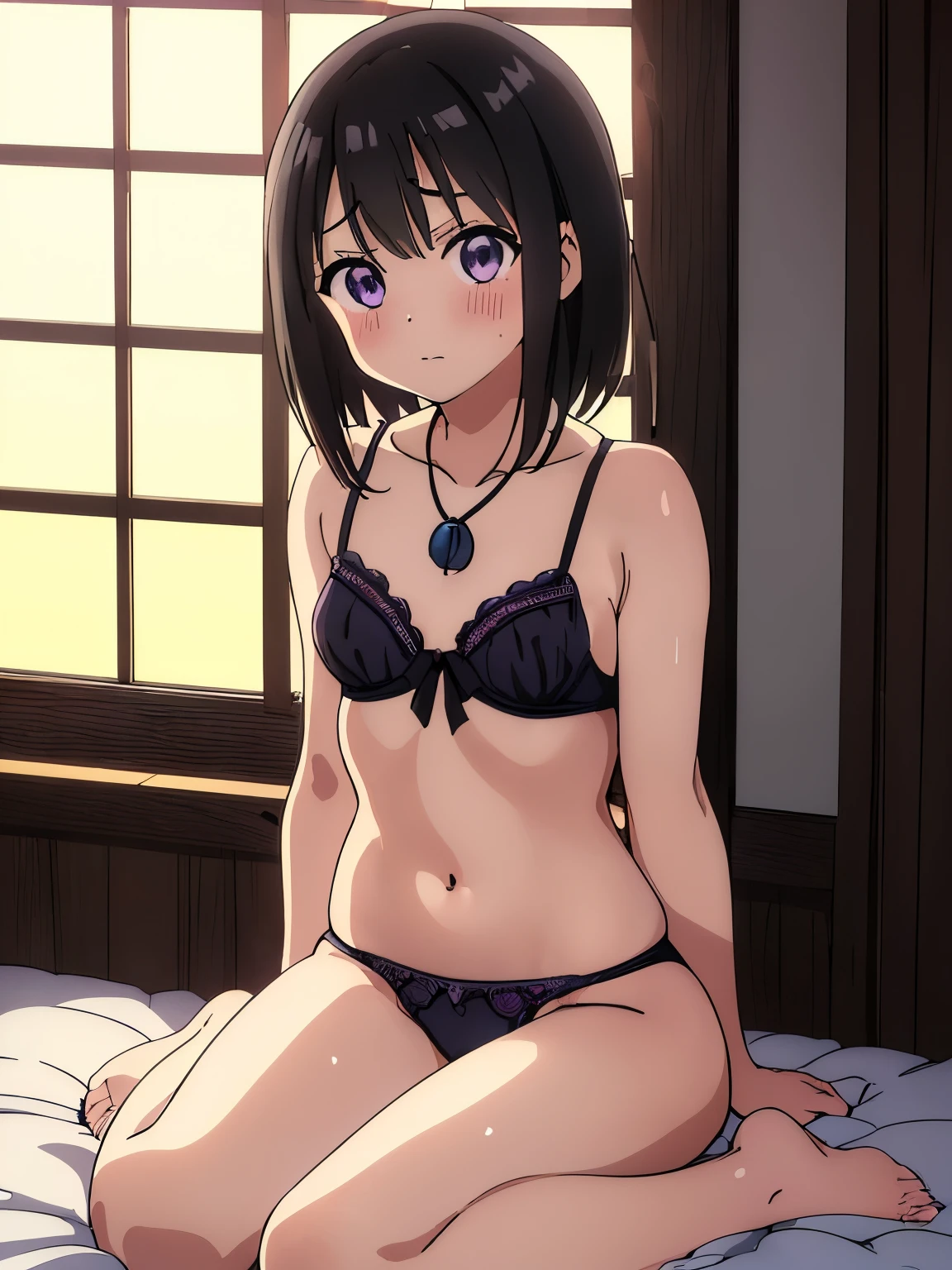 anime girl in a purple bra top sitting on a bed, an anime drawing by Jin Homura, pixiv, shin hanga, seductive anime girl, attractive anime girl, smooth anime cg art, anime best girl, cute anime girl, anime moe artstyle, anime visual of a cute girl, oppai, beautiful alluring anime teen, pretty anime girl, (Raw photography:1.2)、(Photorealsitic:1.4)、(​masterpiece:1.3)、(top-quality:1.4)、超A high resolution、(A detailed eye)、(detailed facial features)、(detailed clothes features)、nffsw、8K分辨率、solofocus、bangss、skin tightening、(shinny skin)、(Slender girl)
(Extreme Detail)、dim room、Ruins、
Virtual Girl - Aim、Medium-breasted wavy hair、Shorthair、A dark-haired、Black eye、
1girl in, 
Crystal Pendant、String Panty Brapua、
Tie with a rope、embarrassed from、cute little、I'm about to cry、hang、Adult Models、raise one leg high、hang、Smaller chest、big butts、