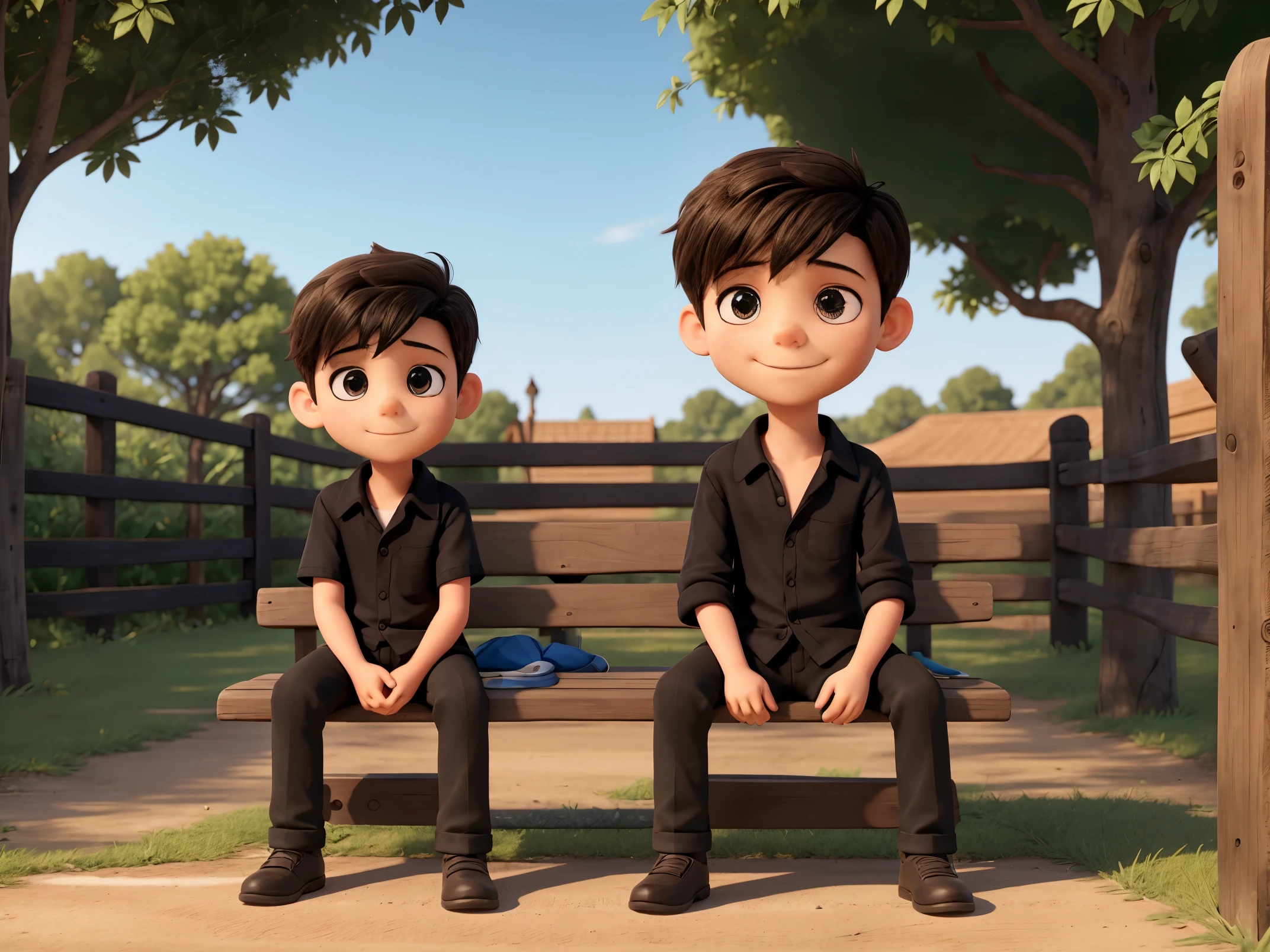 The image features a young boy sitting on a wooden bench, which is located near a fence. The boy is wearing a black shirt and appears to be looking at the camera. The bench is positioned in the middle of the scene, with the fence extending to the left and right sides of the image.