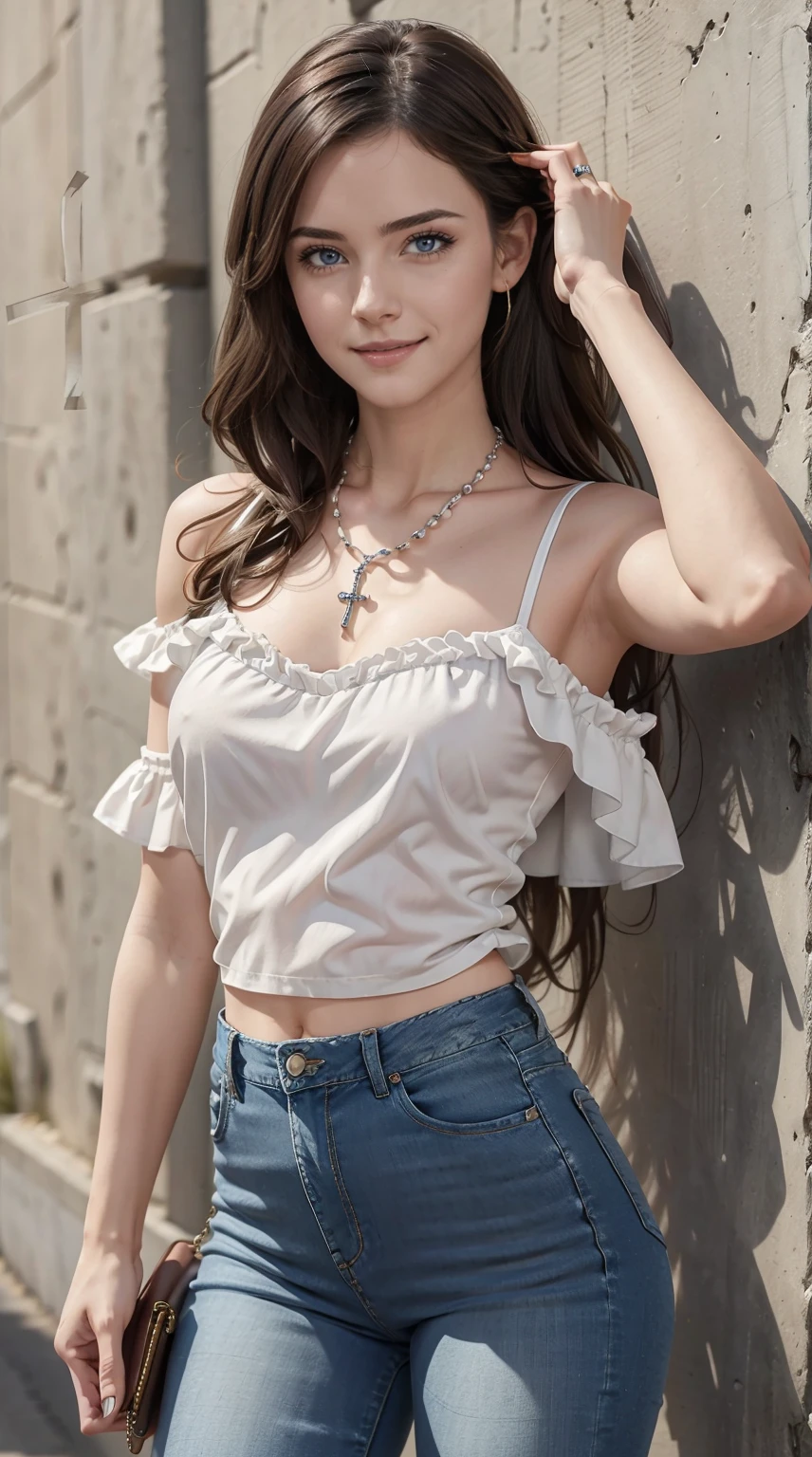 26 year old white woman、Hair is brunette、Eye color is blue、Longhaire、Slender but well-proportioned muscular body、She is wearing a frilly one-shoulder top.、wearing skinny jeans、wearing a rosary necklace、accessories on the wrist、setting hair、a smile、I have a clutch bag、I am in front of a wall with wall art written on it.、I&#39;m so excited、I&#39;m saluting