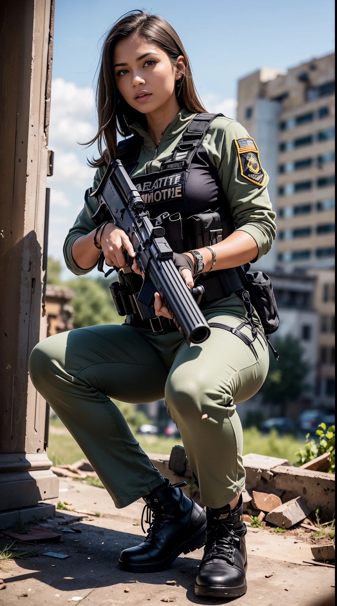 ((masterpiece,Highest Quality,in 8K,ultra-detailliert,hight resolution,Photorealistic,clearly)),A female SWAT member holds a sniper rifle.,(1girl:1.4),(1gun:1.4),((Squatting:1.3)),((aim at something with a sniper rifle:1.3)),(Close one eye and look at the sight:1.4),(SWAT body suit:1.3),(Wearing a bulletproof vest:1.3),(Wearing combat boots:1.3),(Equipped with a holster:1.3),(Shoot head-on:1.4),((Detailed drawing of a sniper rifle)),((detailed drawing of hands)),((Detailed drawing of the feet)),(((The background is ruins:1.5))),(blured background:1.4)),(Detailed drawing of faces),