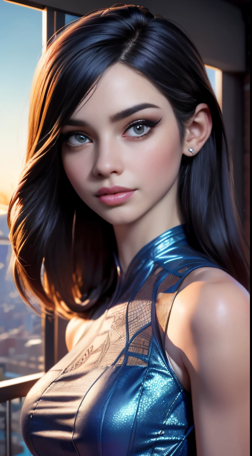 photo of Jewelz Blu, RAW, beautiful woman, ((portrait)), ((detailed face:1.2)), ((detailed facial feature, detailed skin, clear skin), (perfect proportioned body), (wearing a colorful sexy dress) (high detailed city environment, apartment balcony), (realistic photo, best quality, detailed), (8k wallpaper), (cinematic lighting, dramatic lighting) (sharp focus, intricate)