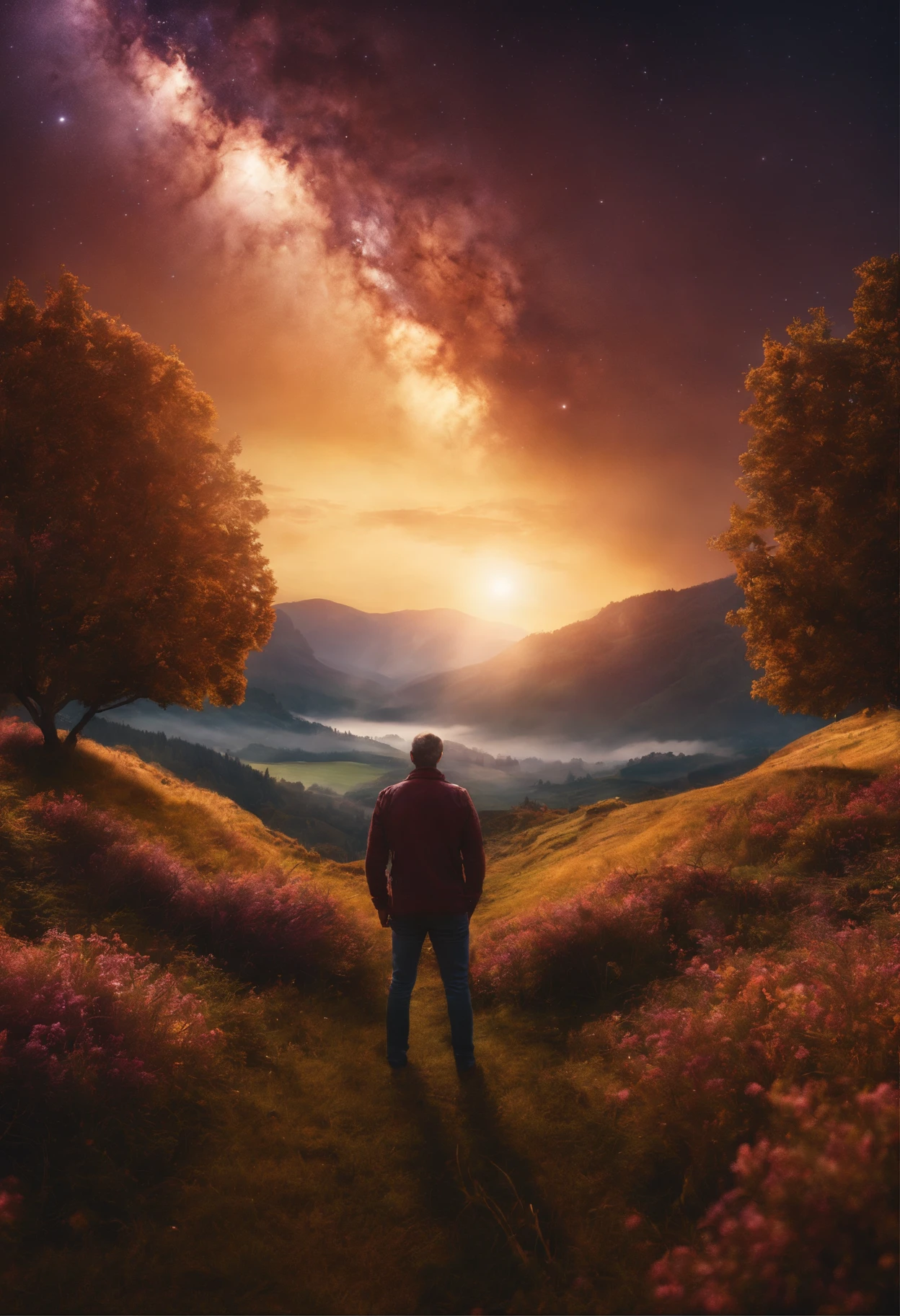 Extensive landscape photography, (From Bottom, The sky above, Open fields below), menino, standing in a flower field and looking up, (Take the key: 1.2), (meteor: 0.9), (nebula: 1.3), Distant mountains, Trees BREAK Art, (Warm light source: 1.2), (glowworm: 1.2), lamps, very purple and orange, intricate detials, volumetric lighting BREAK (Master Part: 1.2), (Best Quality), 4k, ultra -detailed, (Dynamic compositing: 1.4), detailed, coloration, (iridescent: 1.2), (shine, Ambiance Lighting), dreamer, Fantastic, (Odin: 1.2)
