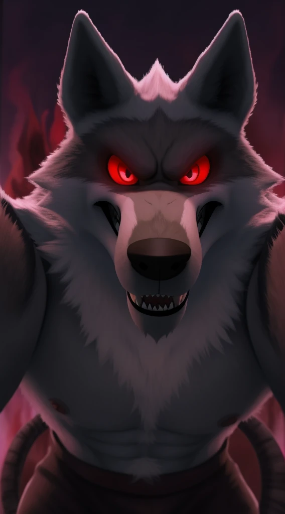 Hell wolf looking at the viewer with a lot of hate in his red eyes It seems he wants the soul of Viewer His hatred is so great that it shows his true nature
