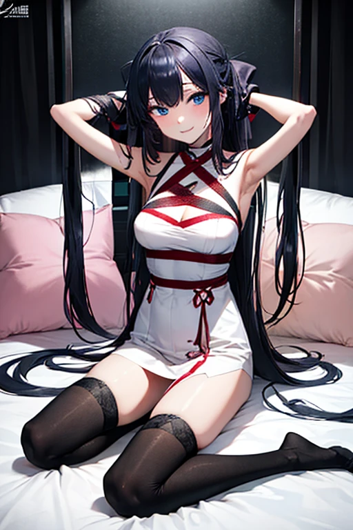 arms behind head, long_hair, looking_at_viewer, thighhighs, bow, bound, bdsm, bondage, rope, restrained, gag, shibari, bound_arms, ball_gag, shibari_over_clothes, , black hair, blue eyes, x hair ornament, white rose in hair, sexy, large breasts, beautiful background, in bedroom, breast milk,cum in pussy, smiling, nude, naked, nipple