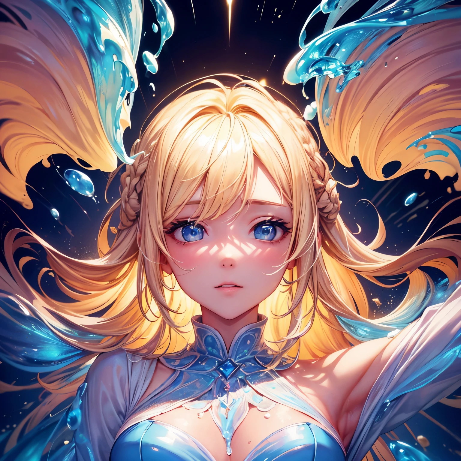 beautiful blonde hair, Wax dress melts and drips onto body (tmasterpiece: 1.2), (Best quality at best), 4K, ultra - detailed, (dynamic compositions: 1.4), The is very detailed, Colorful details, (Irridescent color: 1.2), (Bright lights, Ambient lighting), dream-like, magical, (Alone: 1.2)