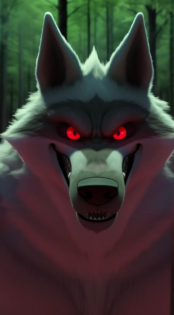 Hell wolf looking at the viewer with a lot of hate in his red eyes It seems he wants the soul of Viewer His hatred is so great that it shows his true nature How bizarre and disturbing and this weird forest background is even more bizarre