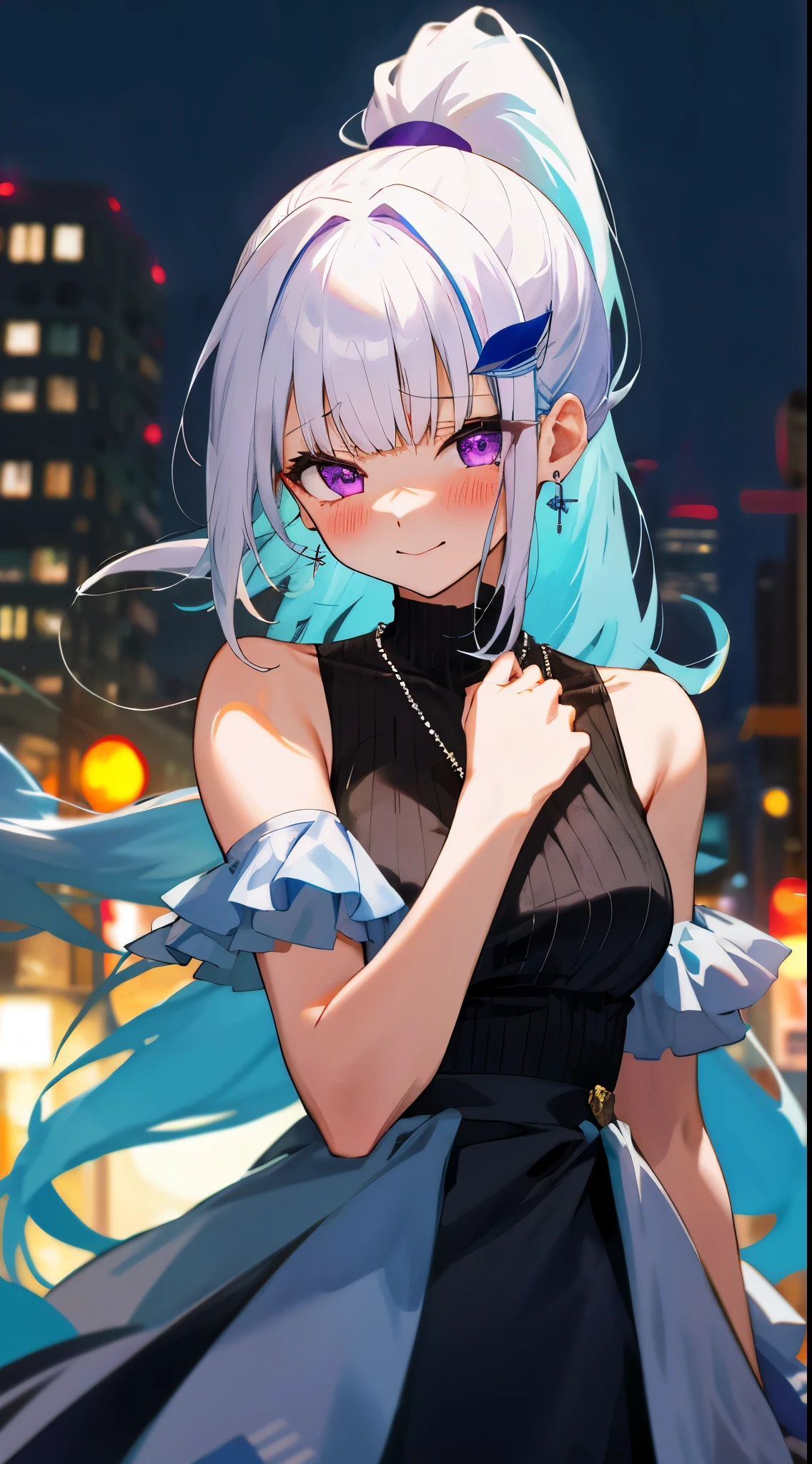 One girl with high ponytail hair, bangs, white hair, blue inner hair:1.25) , purple eyes, looking at viewer, blushing, little smile, tears, sleeveless dress, bare hands, outdoor, earrings, dating, standing, necklace, citylight, dizzy, mid-chest, night atmosphere, hair ornament, medium breasts, upper body, focus, blurry background