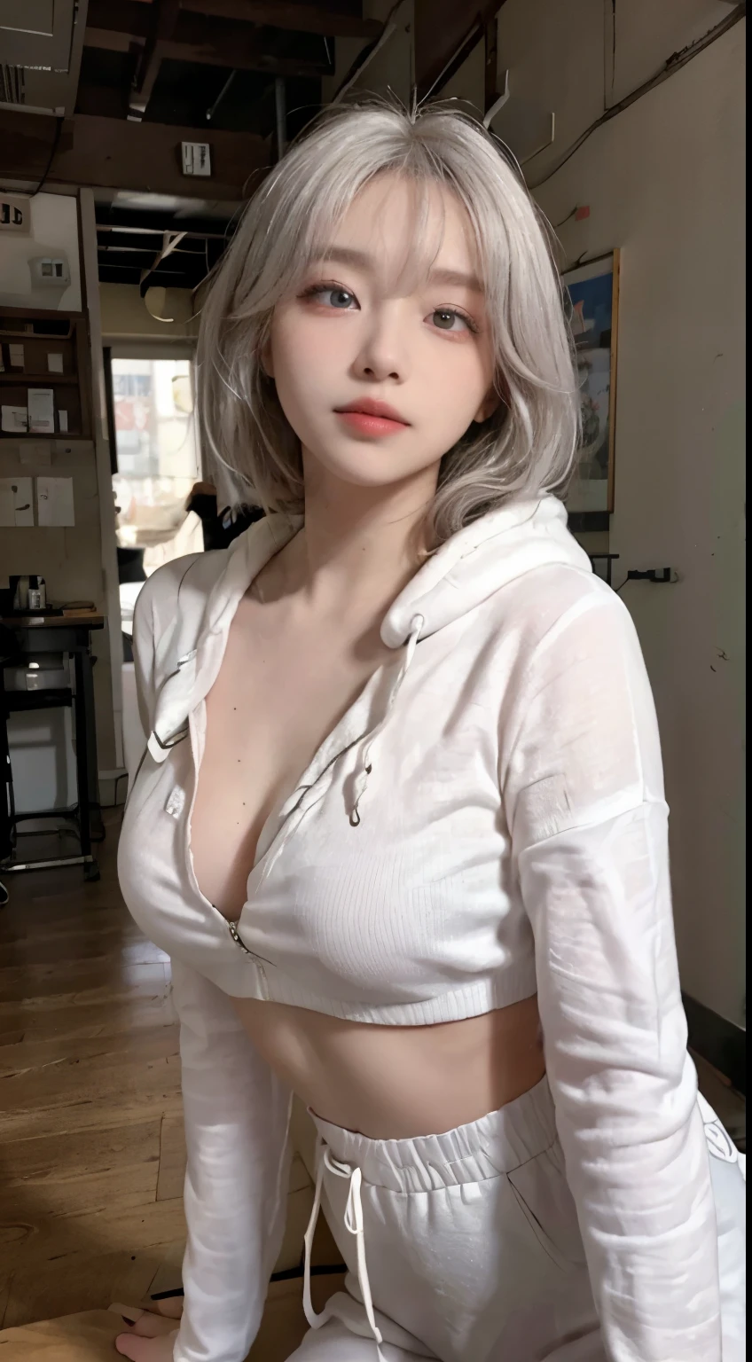 Top image quality、Raw photography、超A high resolution、21-year-old Korean、small tits、Dynamic angles、Cowboy Shots、The most beautiful forms chaos、elegent、Brutalist design、beautiful white hair、a short bob、smil、shiny white skin、Beautiful eyes with random colors、Very beautiful eyes down to the details、elongated eyes、thin lipss、pale pink blush、long eyeslashes、beautiful double eyelid、eyeshadows、Big black hoodie 、Harlem pants、Large park、shot from a side angle、sexy pose