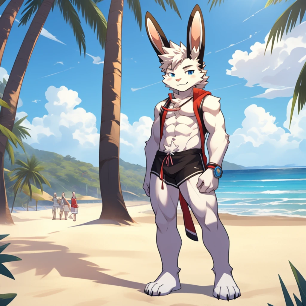 white skin,(rabbit ears),teenager,rabbit,rabbit furry,male,rabbit,white fur,white skin,full body,naked,cum,,beach clothes,
