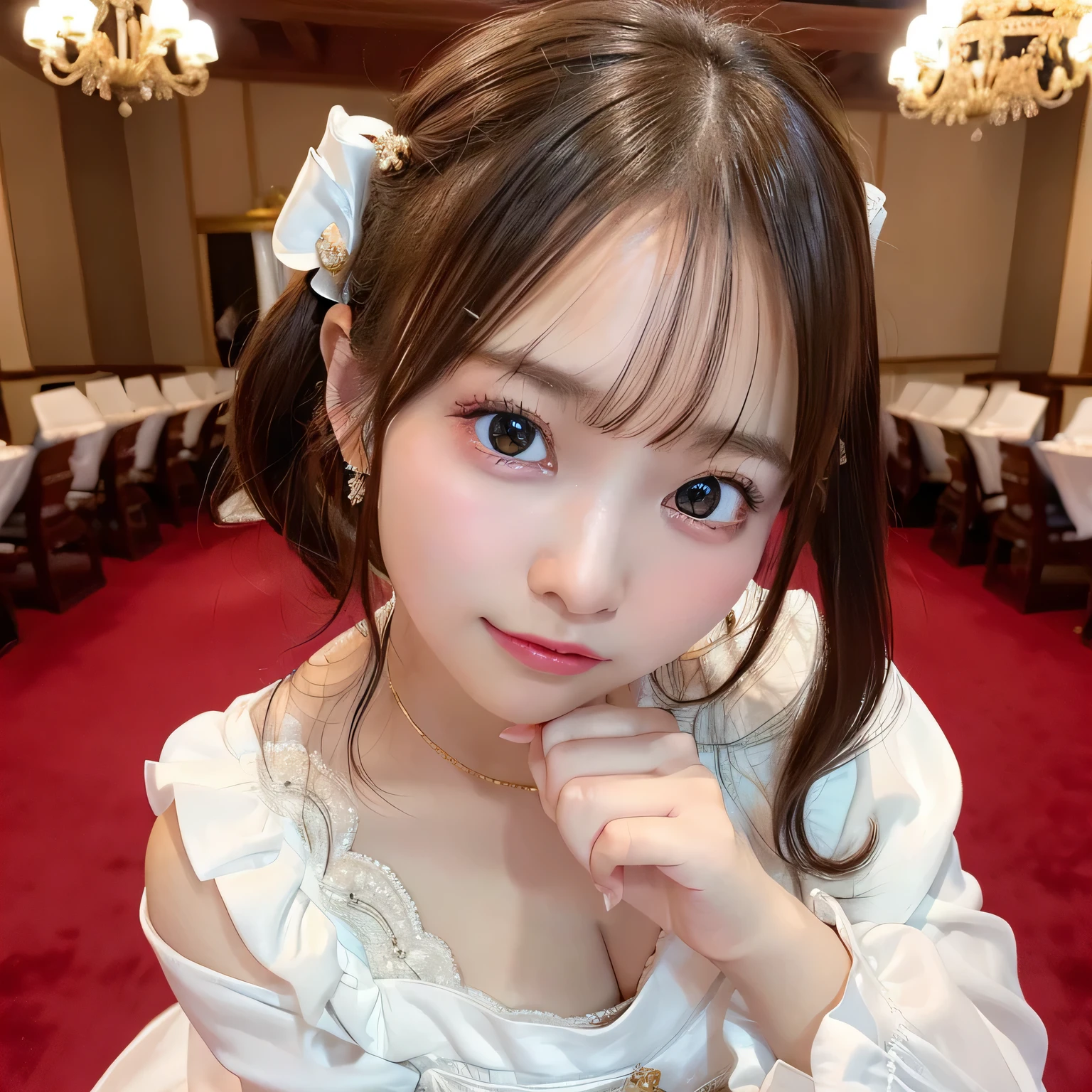 (masutepiece: 1.3), (max resolution: 1.2), (Ultra HDTV: 1.2), cinematric light, 8K resolution, Detailed eyes and skin, detailed facial features long hair、Shorthair, Twin tail),(Wedding Dresses:1.2),(long skirt:1.2), (超A high resolution): 1.0) Pure White Prom Dresses,Luxurious dresses、Highly detailed face and eyes, (Photorealistic: 1.2),ultra wide-angle, depth of fields, ultra-detailliert, beautifully color-coded, insanely detaileda, Intricate details, Beautifully color graded、wedding hall、beautiful ilumination、White and gold decoration、place of celebration、Happy atmosphere、nogizaka、Beautiful black eyes:1.3、-yeld sc keep my hair up and short、a baby face、Blurreund、Large venue、Hands on knees