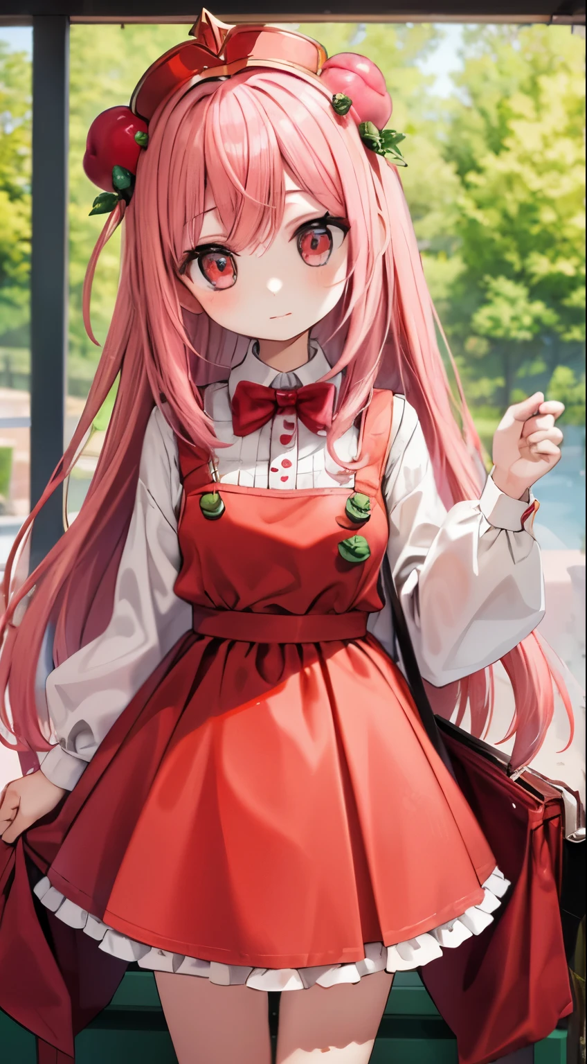 cherry headdress, peach colored hair, clothes with tomato decoration