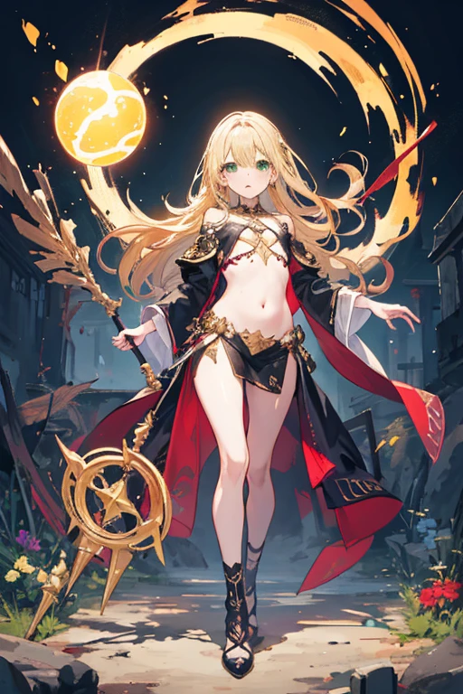 (masterpiece, top quality, best quality), pixel,pixel art,1girl,full body, blonde, long golden hair in the wind, green eyes, witch outfit, holding an orb, holding a staff, exposed belly, small chest