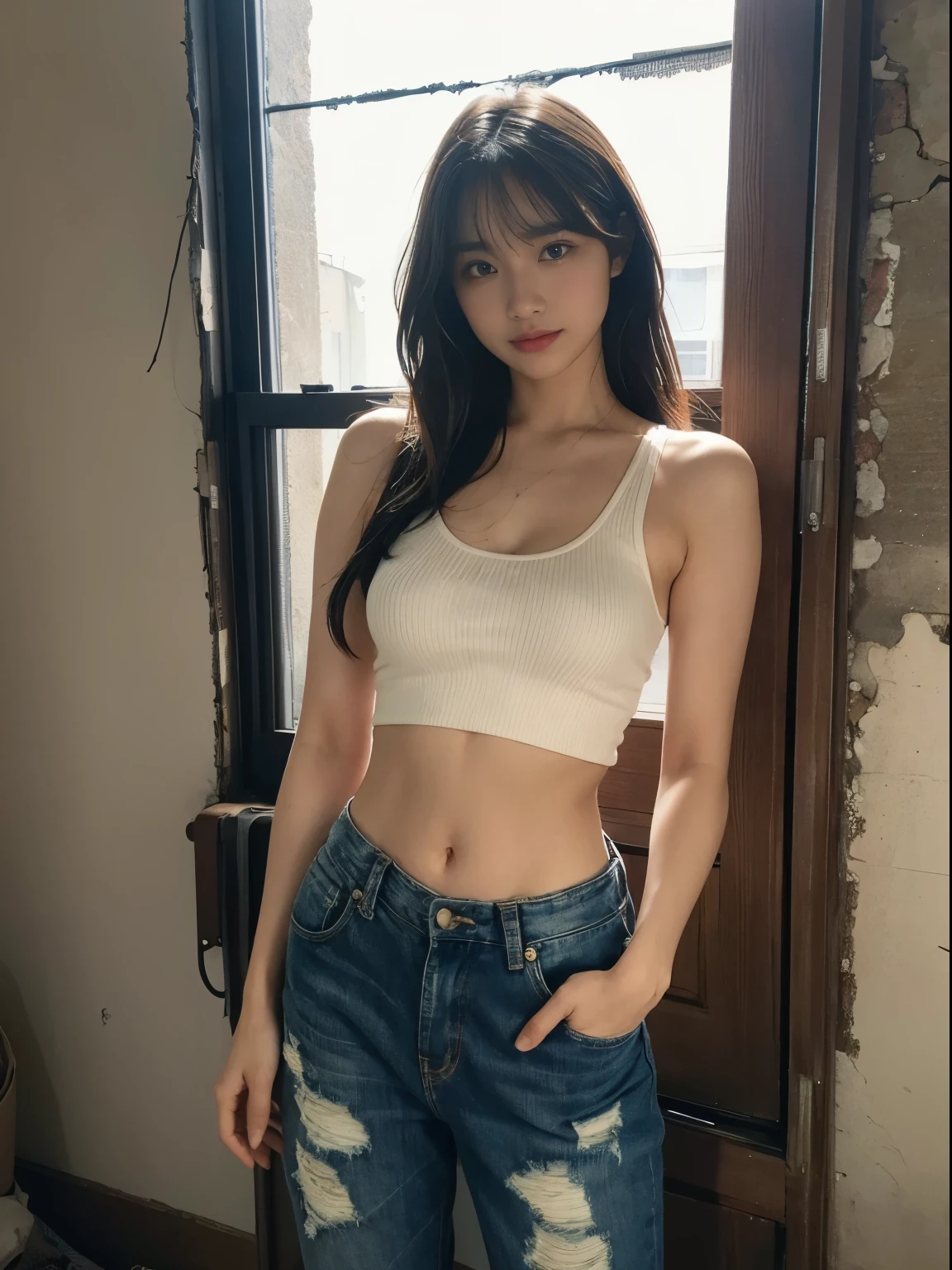 raw photo, 8k, (top-quality), Realistic, (real picture, Intricate details), (natural skin texture, detailed skin, hyper realism, sharpness), (Japanese college girl standing in an abandoned apartment building, hands in pockets), ((white tight tank top, Distressed denim pants, low rise baggy pants, wet clothes)), Fair skin, sweaty skin, ((long hair, one-length hairstyle)), (seductive face, Parted lips), navel exposed, Room being demolished, dusty room, cracked wall, Messy floor, Pile of rubble:1.3, broken window, cracked Window glass, barbed wire, ashtray, Hard lighting:1.3, sunset light, Full body shot