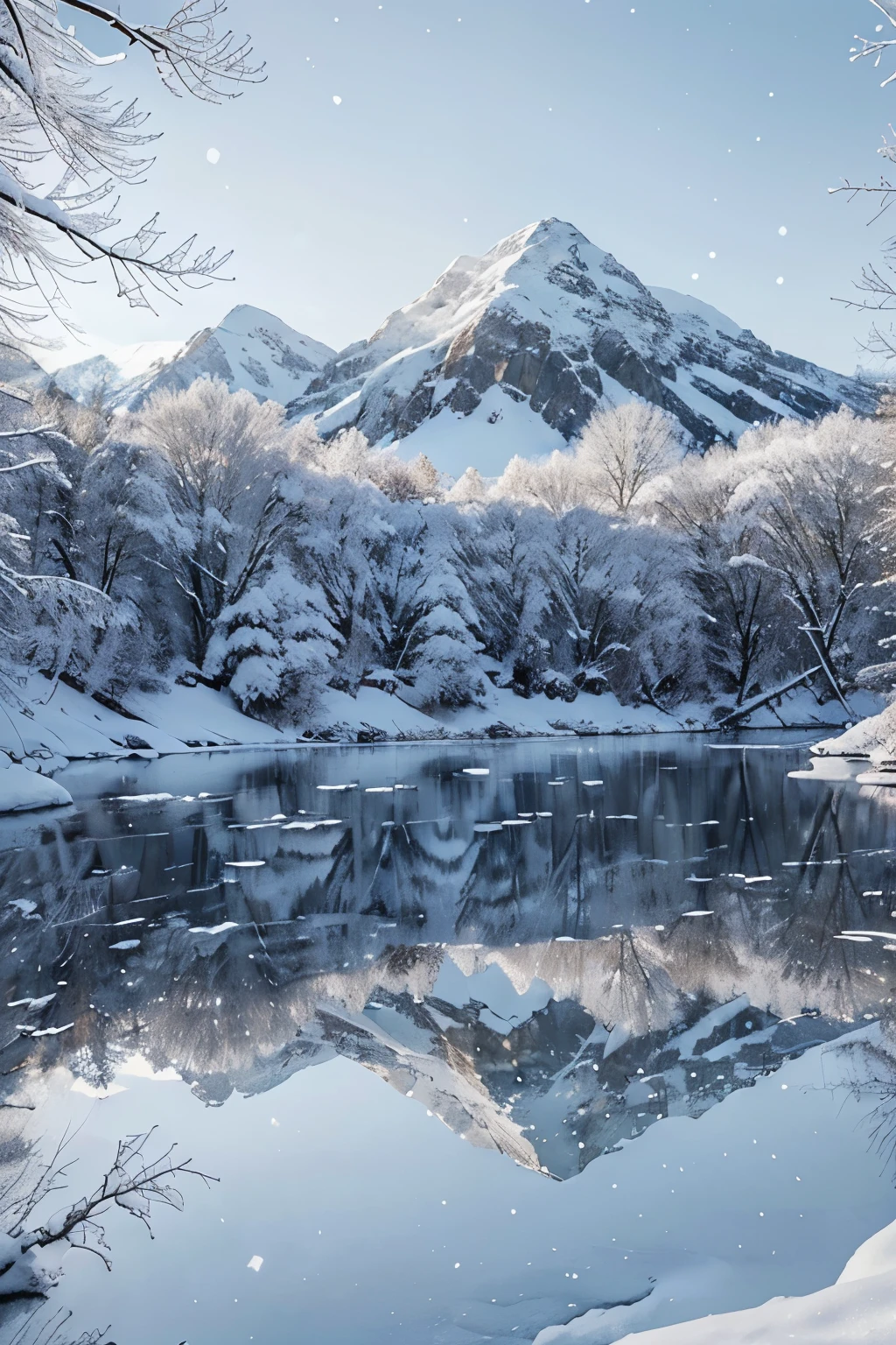 (ultra-detailed),(realistic:1.37),snow,beautiful winter landscape,cold and serene,white blankets,soft falling snowflakes,twinkling icicles,icy branches,footprints in the snow,winter wonderland,bluish-gray color palette,faint sunlight filtering through the trees,calm and peaceful atmosphere,frosty breath,crisp air,quiet hush,hidden wildlife,tranquil silence,sparkling snow-covered mountains,icy lake with frozen surface,shimmering and glistening snow,crystal clear visibility,subtle shadows,snow-capped trees,delicate snowflakes floating in the air,pristine white purity,winter magic.