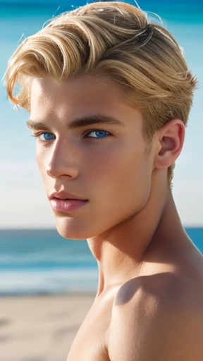 The portrait of a handsome young man, blonde hair, Greek god anatomy, Greek super model, beach, photo realism, cinematographic light, photo session, shirtless, nordic, anatomical perfection, fine facial features, european, , focus boy, golden ratio, attractive young man, idol