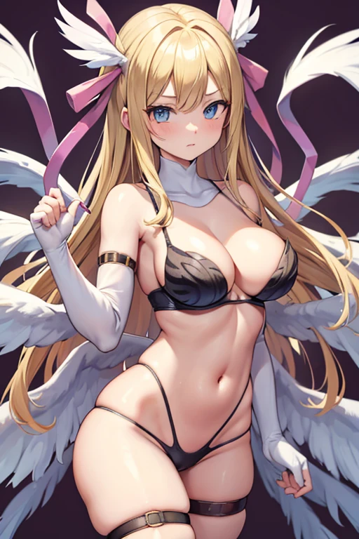 blonde hair, a tiger pattern bra, a tiger pattern lingerie, a tiger pattern underwear, long hair, blue eyes, angel wings,large breasts, bare shoulders, elbow gloves, feathered wings, gloves, head wings, navel, pink ribbon, ribbon, single elbow glove, single glove, thigh strap, wings