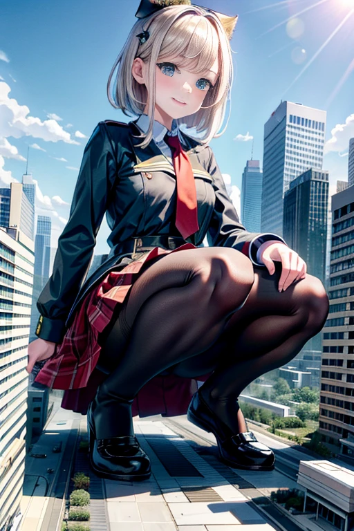 giantess art, a hyperrealistic schoolgirl, Highly detailed der riese shot, der riese, black pantyhose, A gigantic high school girl that's much bigger than a skyscraper, huge tit, Red tie, Mini Length Skirt, black pantyhose, I don't wear shoes., very small metropolis, miniature metropolis, A miniature metropolis that is only up to your feet.、Squatting down and urinating, The city is a sea of urine, tsunami of urine, Small trains and cars are being washed away by urine., Full body depiction, gts, giga giantess, black pantyhose, pantyhose feet, pantyhose foot, ,stomping city,crash city,tiny city,micro city, peeing, nude,