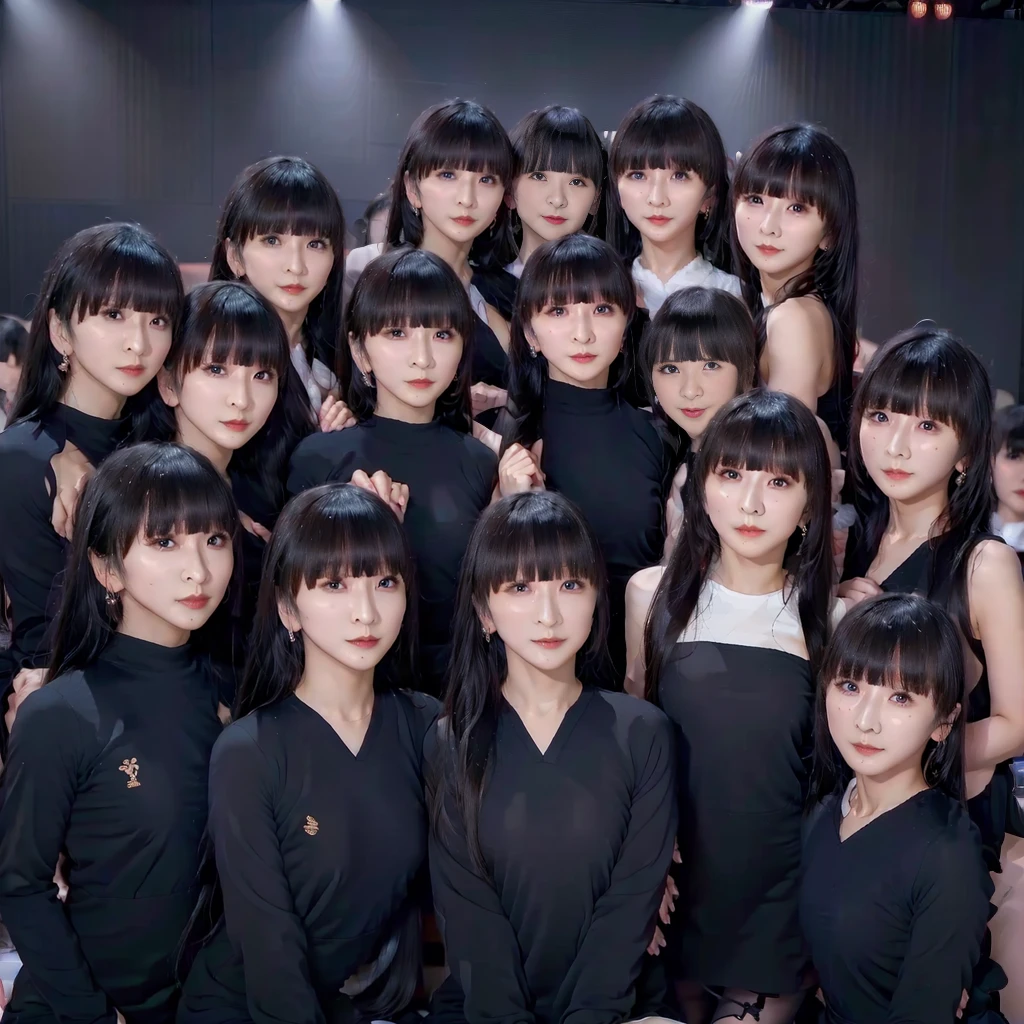 Raw photo、(((multiple girls))),((((6+girls)))),Women only、((全員The same face))、A group of 10 idols singing and dancing on stage、************,japanes、((Same height))、((Matching black idol costume))、a smile、The same face,((A dark-haired)),Longhaire、same person