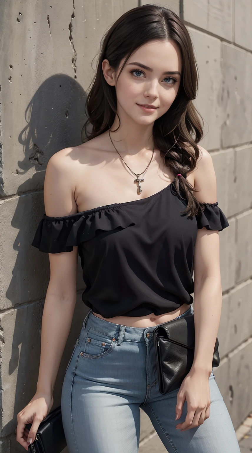 26 year old white woman、Hair is brunette、Eye color is blue、Longhaire、Slender but well-proportioned muscular body、She is wearing a frilly one-shoulder top.、wearing skinny jeans、wearing a rosary necklace、accessories on the wrist、setting hair、a smile、I have a clutch bag、I am in front of a wall with wall art written on it.、I&#39;m so excited、I'm pulling my hair up、