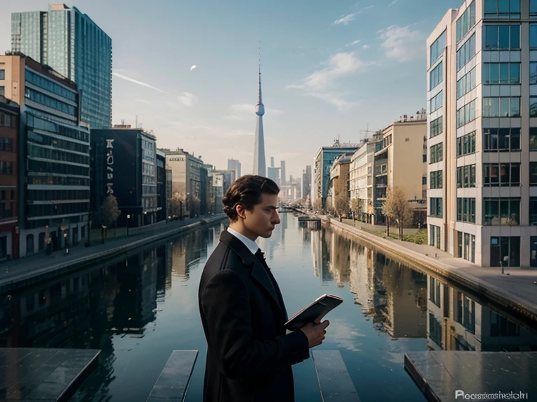 Cover of a book about a great poet in the modern world. Alexander Sergeevich in modern clothes, Smartphone in hand, immersed in the virtual world. Behind it is a cityscape with high-tech buildings and transport.. The image of Pushkin merges with the dynamics of the modern era, embodying timeless values in a modern context.