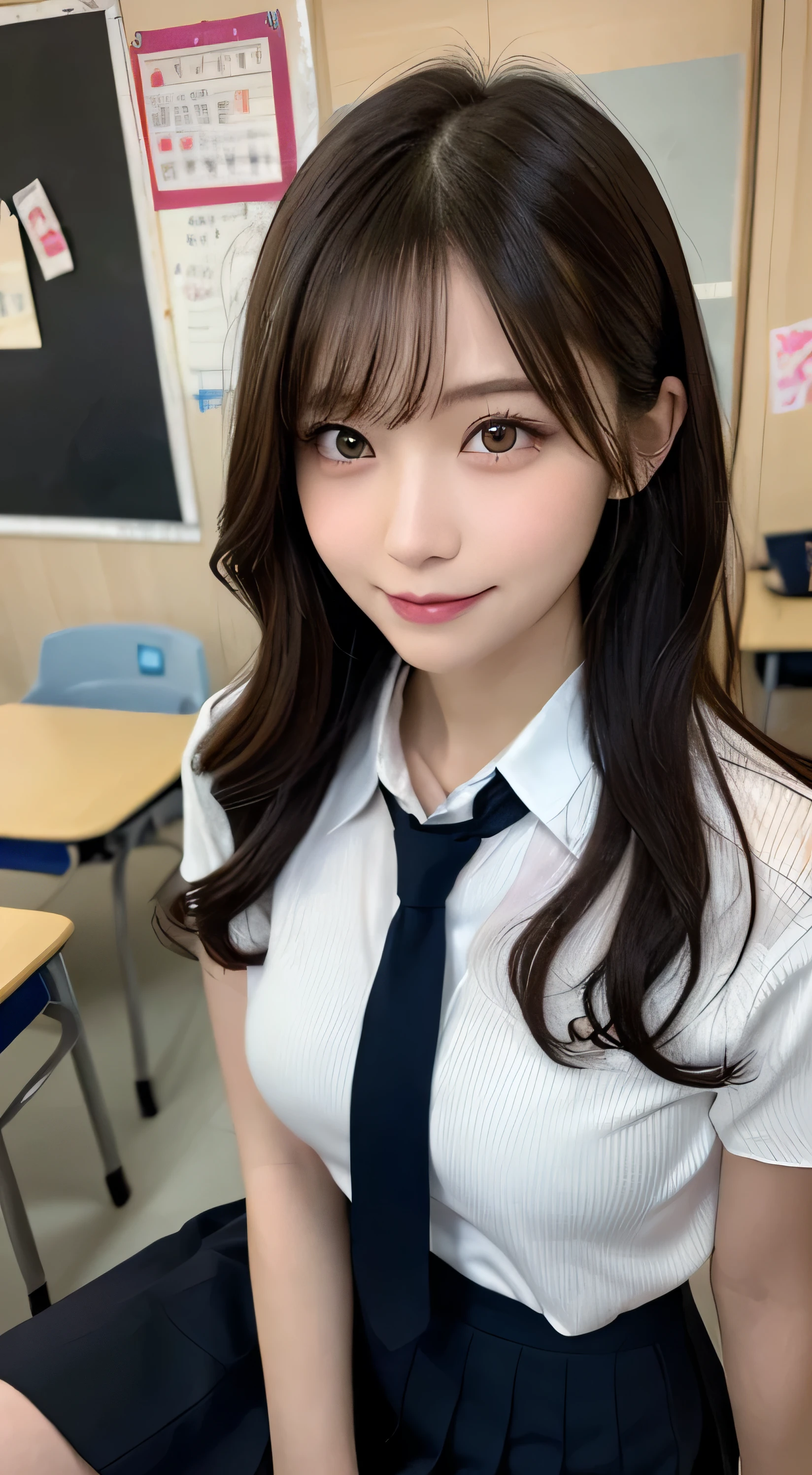 masutepiece, Best Quality, Illustration, Ultra-detailed, finely detail, hight resolution, 8K Wallpaper, Perfect dynamic composition, Beautiful detailed eyes, ,Medium Hair, Big breasts, Natural Color Lip, Random and sexy poses,Smile、20 years girl、　After-school classroom、　high school giller suit、a miniskirt、Loose socks、