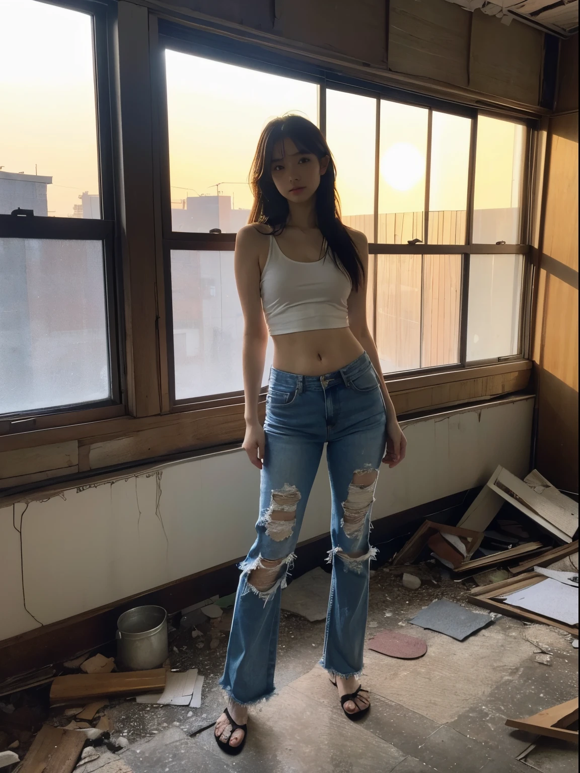 raw photo, 8k, (top-quality), Realistic, (real picture, Intricate details), (natural skin texture, detailed skin, hyper realism, sharpness), (Japanese college girl standing in an abandoned apartment building, hands in pockets), ((dirty white tight tank top, Distressed denim pants, low rise baggy pants)), Fair skin, sweaty skin, ((long hair, one-length hairstyle)), (seductive face, Parted lips), navel exposed, Room being demolished, dusty room, cracked wall, Messy floor, Pile of rubble:1.3, broken window, cracked Window glass, barbed wire, ashtray, Hard lighting:1.3, sunset light, Full body shot