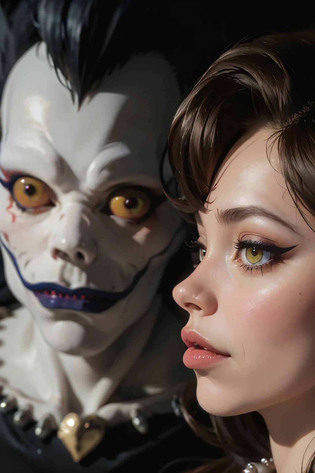 award-winning photography, ultra realistic, 1girl, ryuk, matte eyeshadow, eyelashes, eyeliner, ultra glossy lips, (pouty lips:1.2), makeup, blush, (skindentation), detailed clothes, beautifully detailed woman, extremely detailed eyes and face, beautiful detailed eyeull body shot)), (bokeh, UHD, HDR, highres, ultra detailed, intricate details, textural effects, absurdres, masterpiece, 8k:1.2),