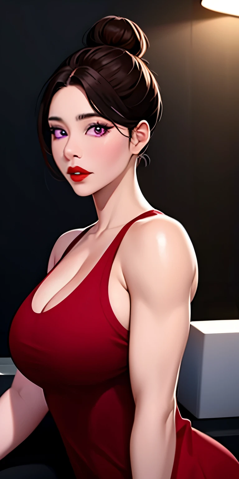 Masterpiece:1.5, Best quality:1.5, Aesthetic, 1 muscle girl, side locks, Cinematic lighting, Sharp focus,Large breasts , Mature female,  ,16k, Glowing eyes, Detailed 4K eyes,playground,seduction,Sexy lips, parted lip,Detailed lips,Red lips, Highly detailed sceneig purple eyes)), Detailed face,Shiny skin,Aunt Dzonev 3,Aunt Joan,hair-bun, bangs, Messy hair, dress,Red dress, Sleeveless dress, 鎖骨,pyjamas