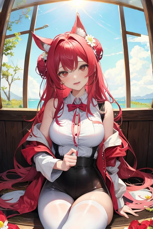 tmasterpiece、Need、1female、White cloth bun bun bun、Shoulder leakage、The chest is large、chubbiness、ssmile、White suspender tights、lace leggings、pale pink lip、hot springs,Pose in the water,(drenched all over the body),legs are open, 独奏, White polo shirt, looking at viewert, A high resolution,(Thigh thick:1.0),,ultra - detailed,tmasterpiece,Best quality at best,Yazawa Nico,red eyes, face flushed,Blunt hair,both hands on hip,greet,Flower headdress,sit sideways