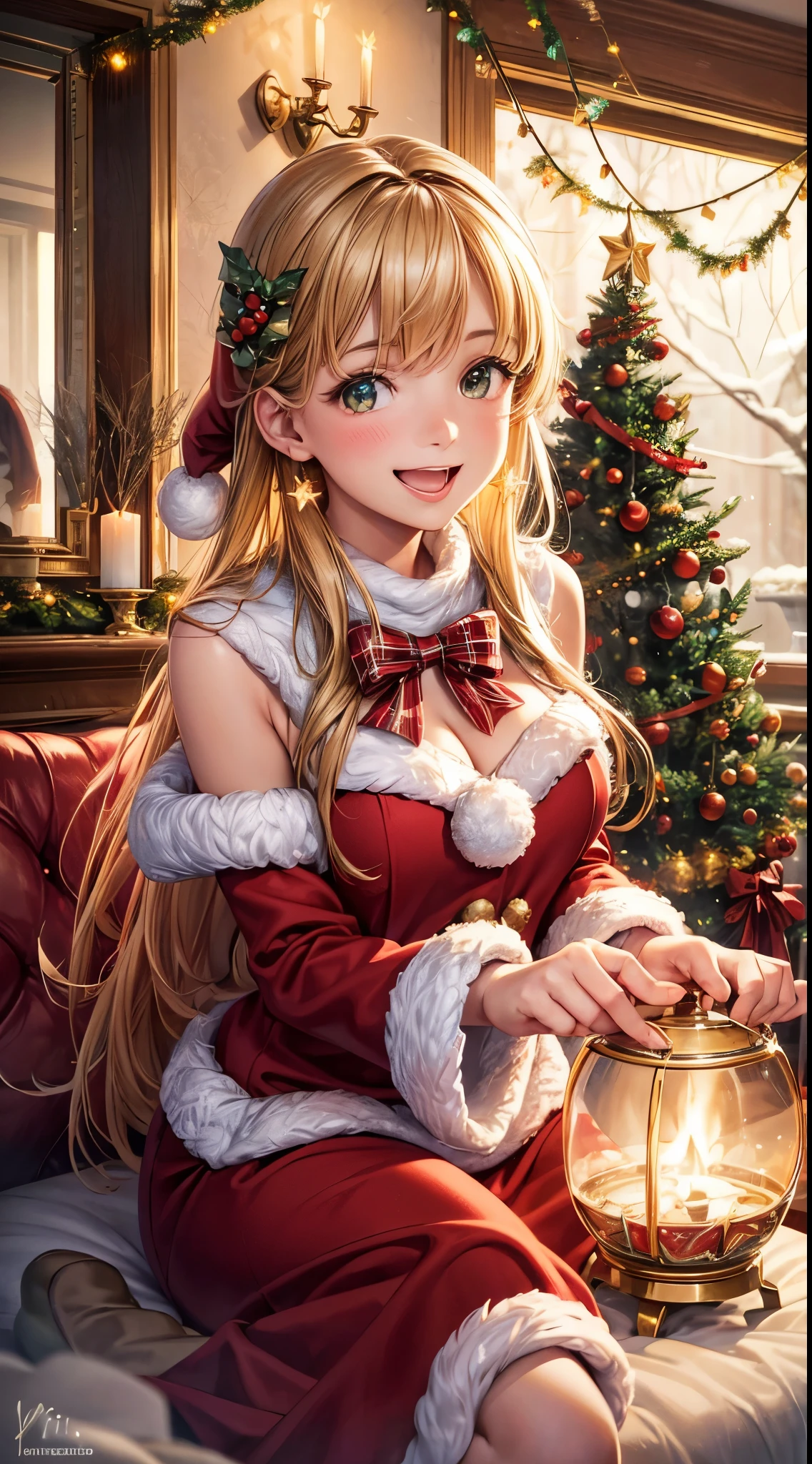 (best quality,highres:1.2),(realistic:1.37),Christmas tree,beautifully decorated,sparkling lights,shimmering ornaments,ornate star topper,full of presents,joyful atmosphere,warm glow,cozy living room,festive decorations,cheerful holiday spirit,traditional evergreen,fragrant pine needles,tinsel garlands,colourful baubles,stockings hanging by the fireplace,mistletoe,naughty and nice list,snowflakes falling outside,children's laughter,family gathering,celebratory atmosphere,memorable moments,holiday traditions,tranquil and peaceful,dreamlike ambiance,imagine the joy and excitement,season of giving,sparkling snow-covered landscapes,hot cocoa and gingerbread,enchanting winter wonderland,delightful surprises,santa's sleigh, reindeers pulling,moonlit night sky,glowing with warmth and happiness.