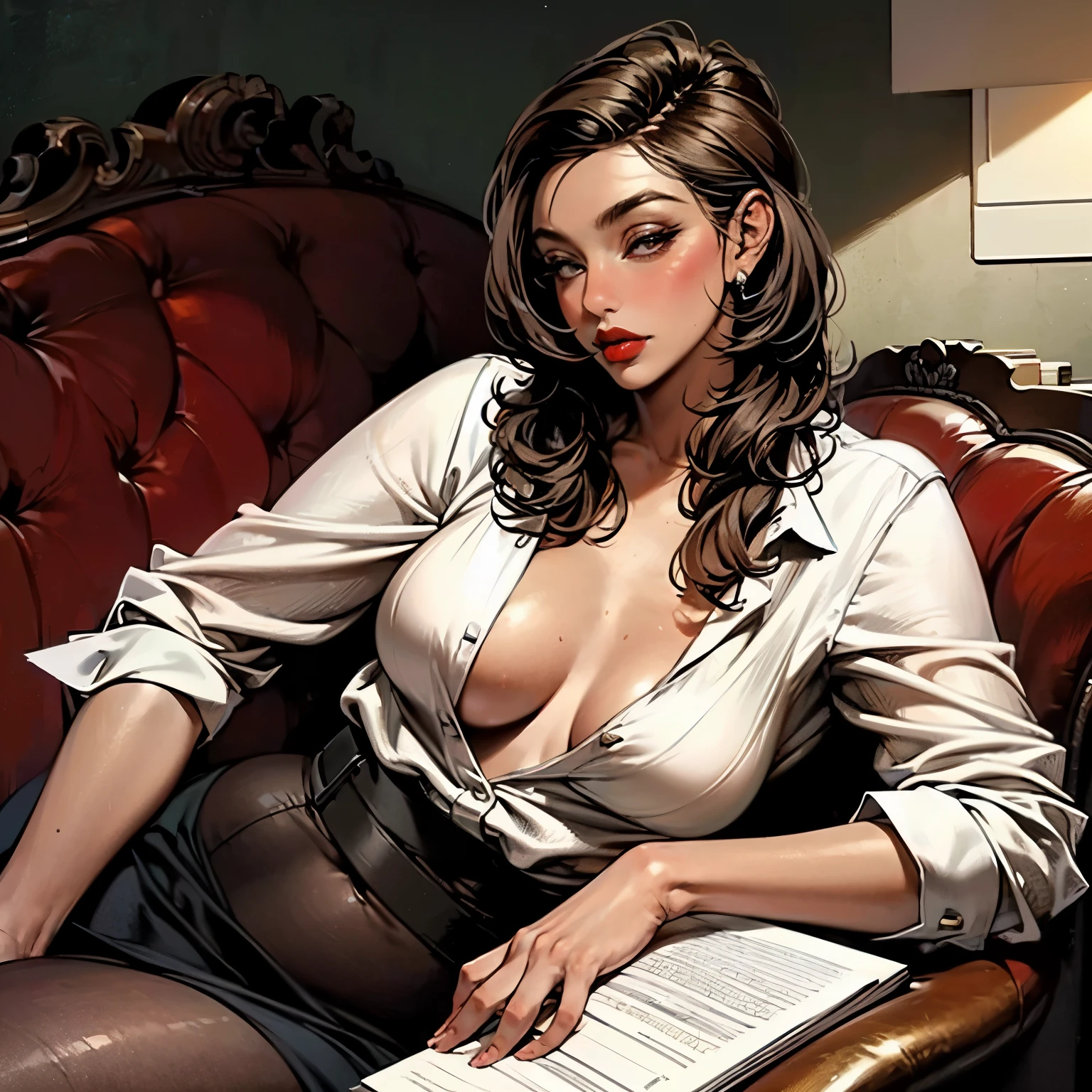 ((Realistic: 1.5)),((Best quality)), ((Masterpiece)),((Detailed)), A beautiful woman, Brown hair, Eyes of different colors, focus onface, Bold, Long legs, curves, Small breasts, Formal shirts, Wide hips, Long eyelashes, Paint near the mouth, Red lipstick, Sit in an executive chair, Bring a notepad, Executive Room