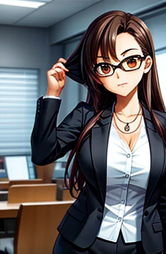 1girl, medium-length brown hair, brown eyes, glasses, open forehead, office outfit, black jacket, white shirt, black skirt