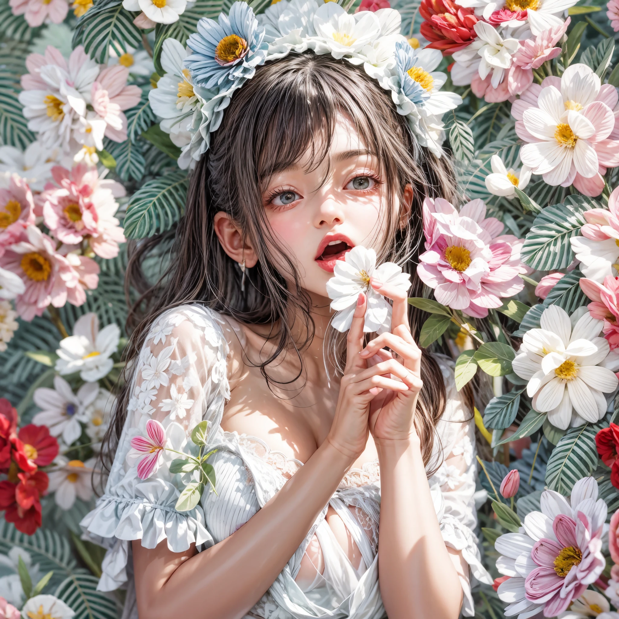 (tongue out, colorful flowers filled in studio gray background, White lace clothes, Glossy Red lips, best quality,ultra-detailed,physically-based rendering:1.2), realistic,portrait,beautiful young woman with mesmerizing eyes,delicate facial features . ((tongue playfully licking finger, fingers delicately holding in mouth, close-up shot of sensual lips)),subtle blush on cheeks,sensual and sophisticated, alluring gaze. full of flowers covering girl's body, (extra fingers:-0.9, not Detailed finger:-0.9),glistening ivory skin, Overflowing boobs with Gigantic Cleavage, ((nipple:-0.9)) . Whole Body proportions and all limbs are anatomically accurate .