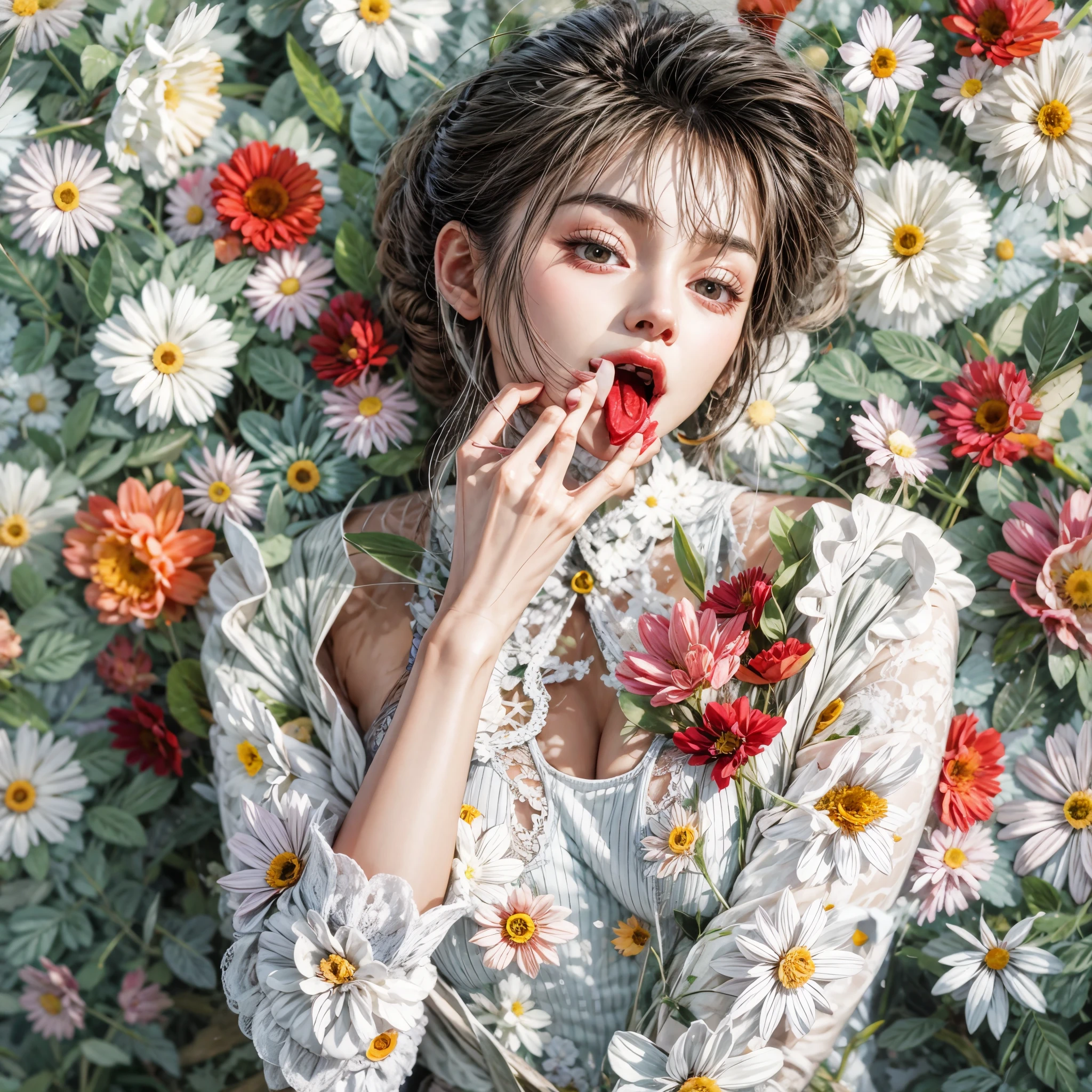 (tongue out, colorful flowers filled in studio gray background, White lace clothes, Glossy Red lips, best quality,ultra-detailed,physically-based rendering:1.2), realistic,portrait,beautiful young woman with mesmerizing eyes,delicate facial features . ((tongue playfully licking finger, fingers delicately holding in mouth, close-up shot of sensual lips)),subtle blush on cheeks,sensual and sophisticated, alluring gaze. full of flowers covering girl's body, (extra fingers:-0.9, not Detailed finger:-0.9),glistening ivory skin, Overflowing boobs with Gigantic Cleavage, ((nipple:-0.9)) . Whole Body proportions and all limbs are anatomically accurate .