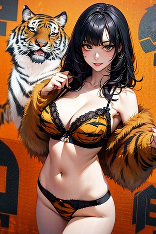 black hair, a tiger pattern bra, a tiger pattern lingerie, a tiger pattern underwear,sexy, large breast