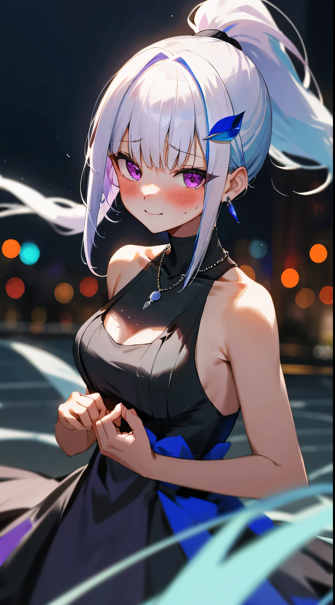 One girl with high ponytail hair, bangs, white hair, blue inner hair:1.25) , purple eyes, looking at viewer, blushing, little smile, tears, black sleeveless dress, bare hands, outdoor, earrings, dating, standing, necklace, citylight, dizzy, mid-chest, night atmosphere, hair ornament, medium breasts, upper body, focus, blurry background