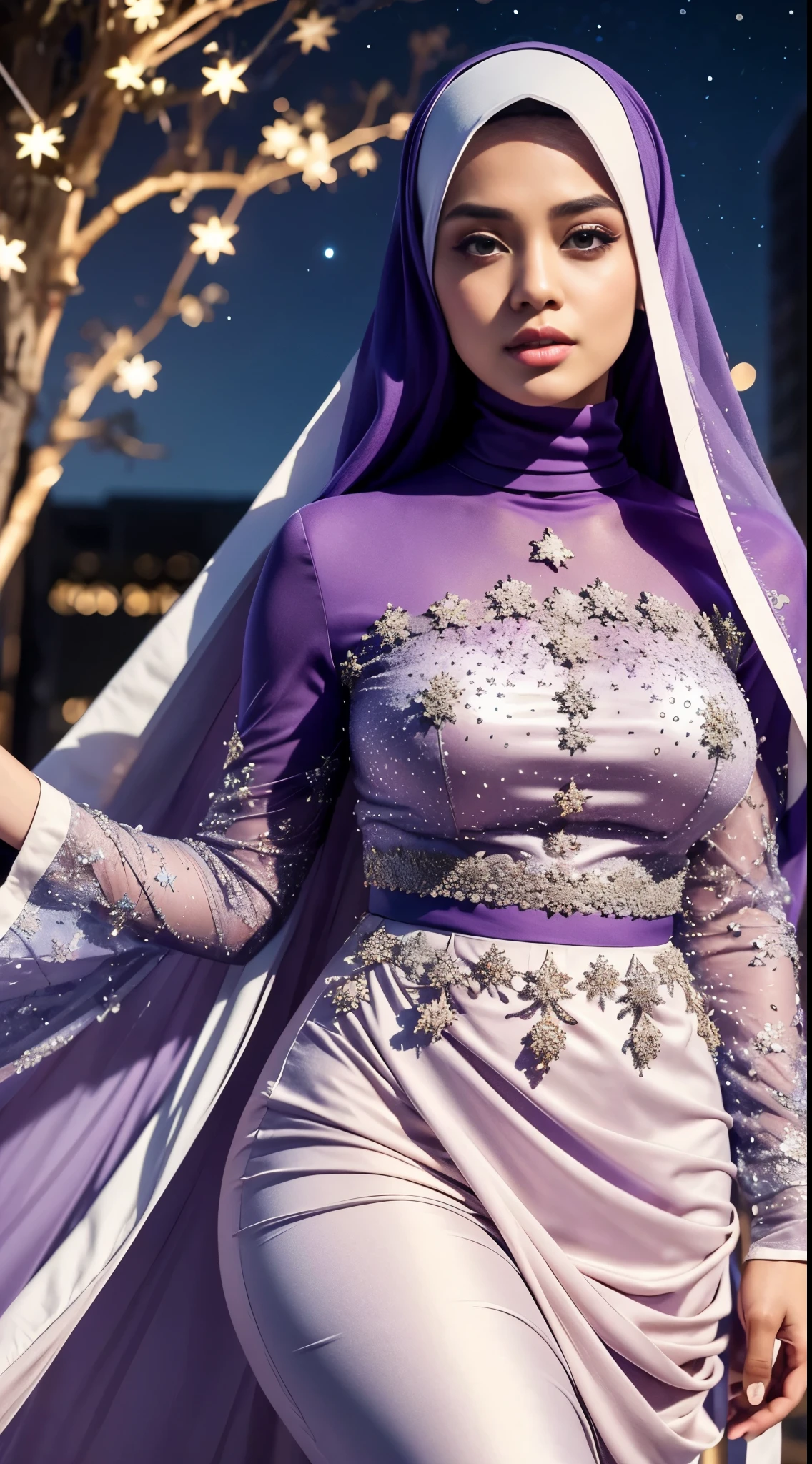 RAW, Best quality, high resolution, masterpiece: 1.3), Beautiful russian woman in hijab (iu:0.8), wearing  purple turtle-neck full hand long gown, walking on a rural street in the morning, catwalk, sweaty, wet body, big breasts, slim waist, wide hips , big round ass, thick thighs, photo taken with Panavision DXL2, 28mm lens, close up shot, bright pastel shades, bokeh, cinemascope , drama, high quality, very detailed, 8k resolution, latex ,leather dress, bridal gown